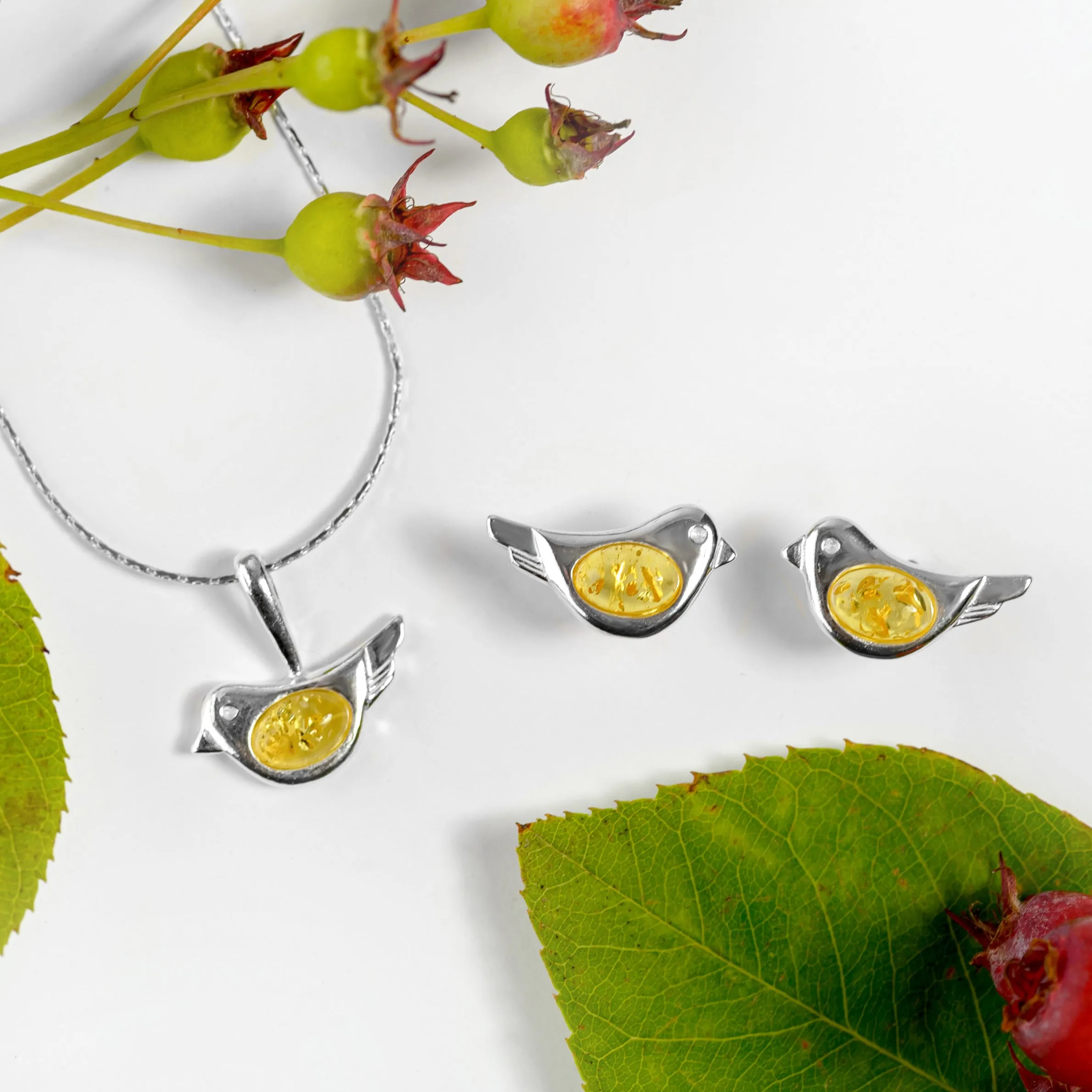 Cute Bird Necklace in Silver and Coral