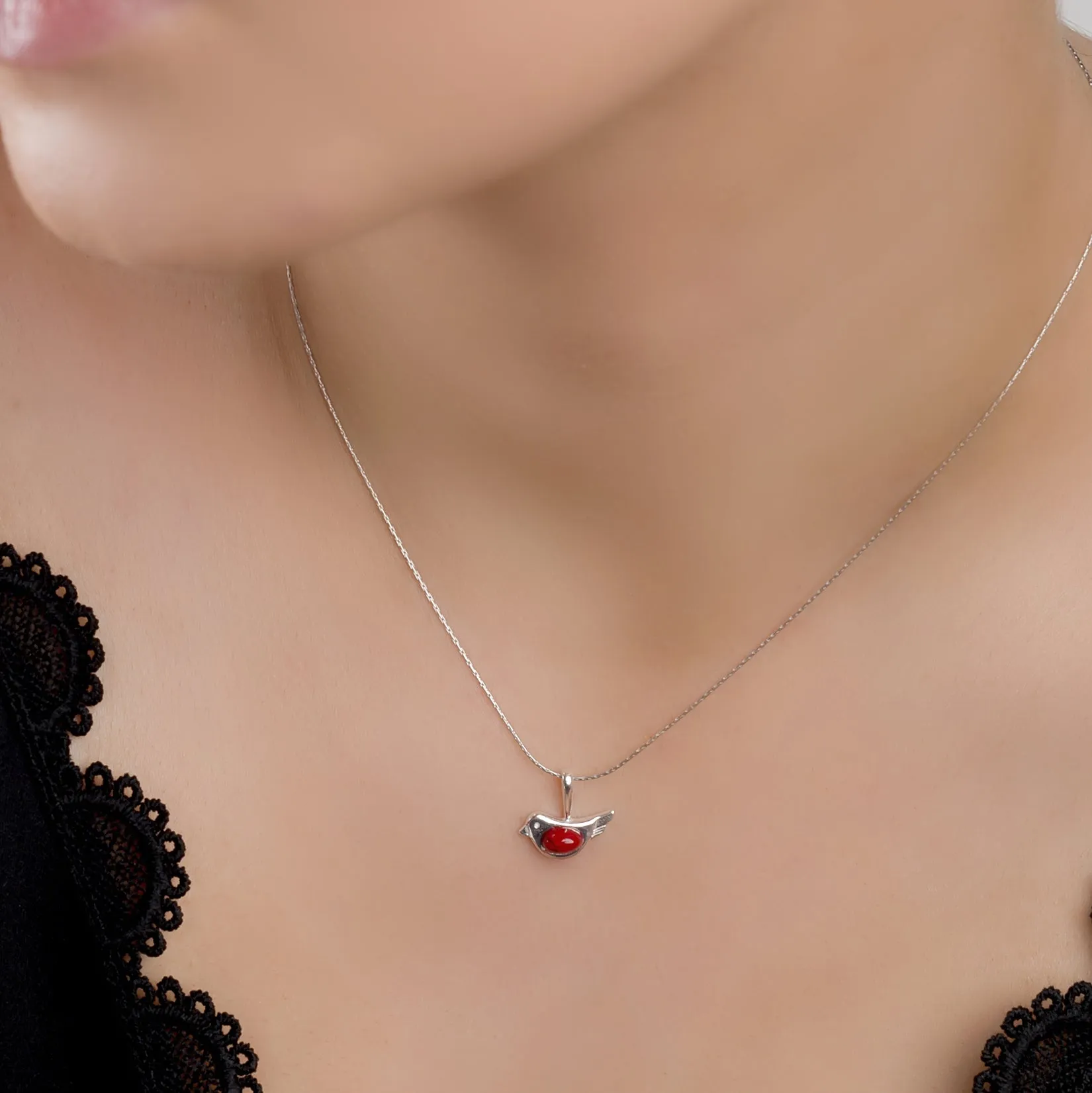Cute Bird Necklace in Silver and Coral