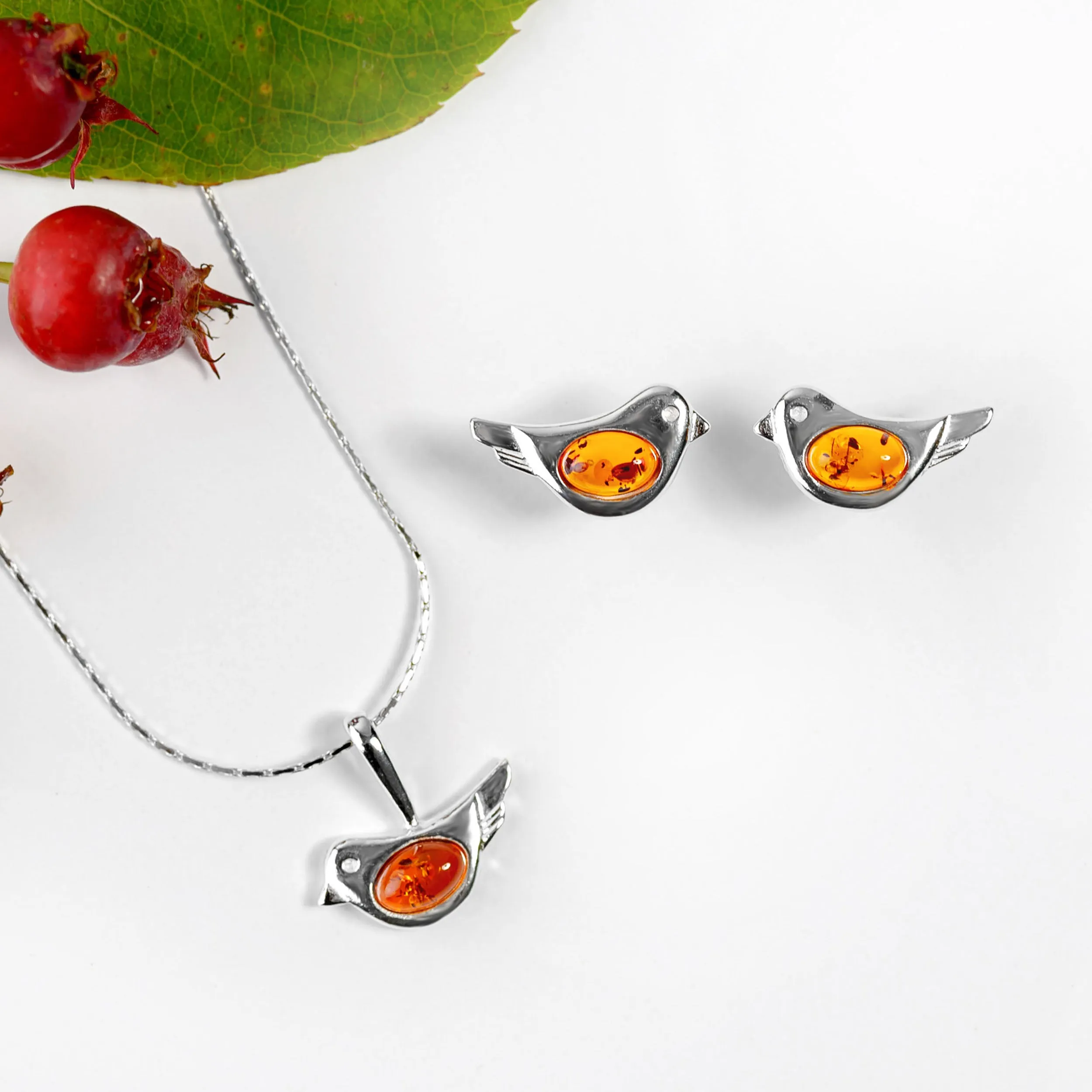 Cute Bird Necklace in Silver and Coral