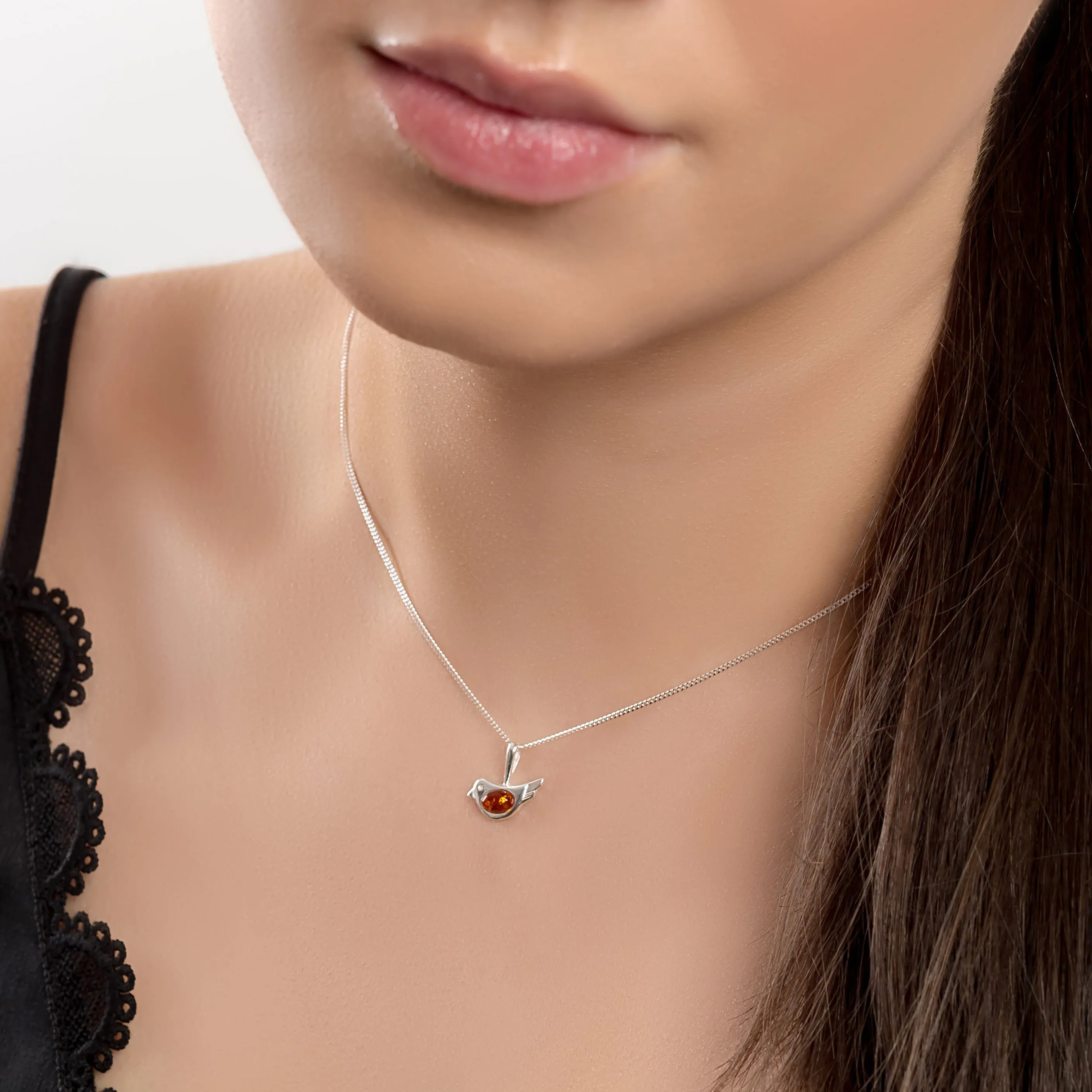 Cute Bird Necklace in Silver and Coral