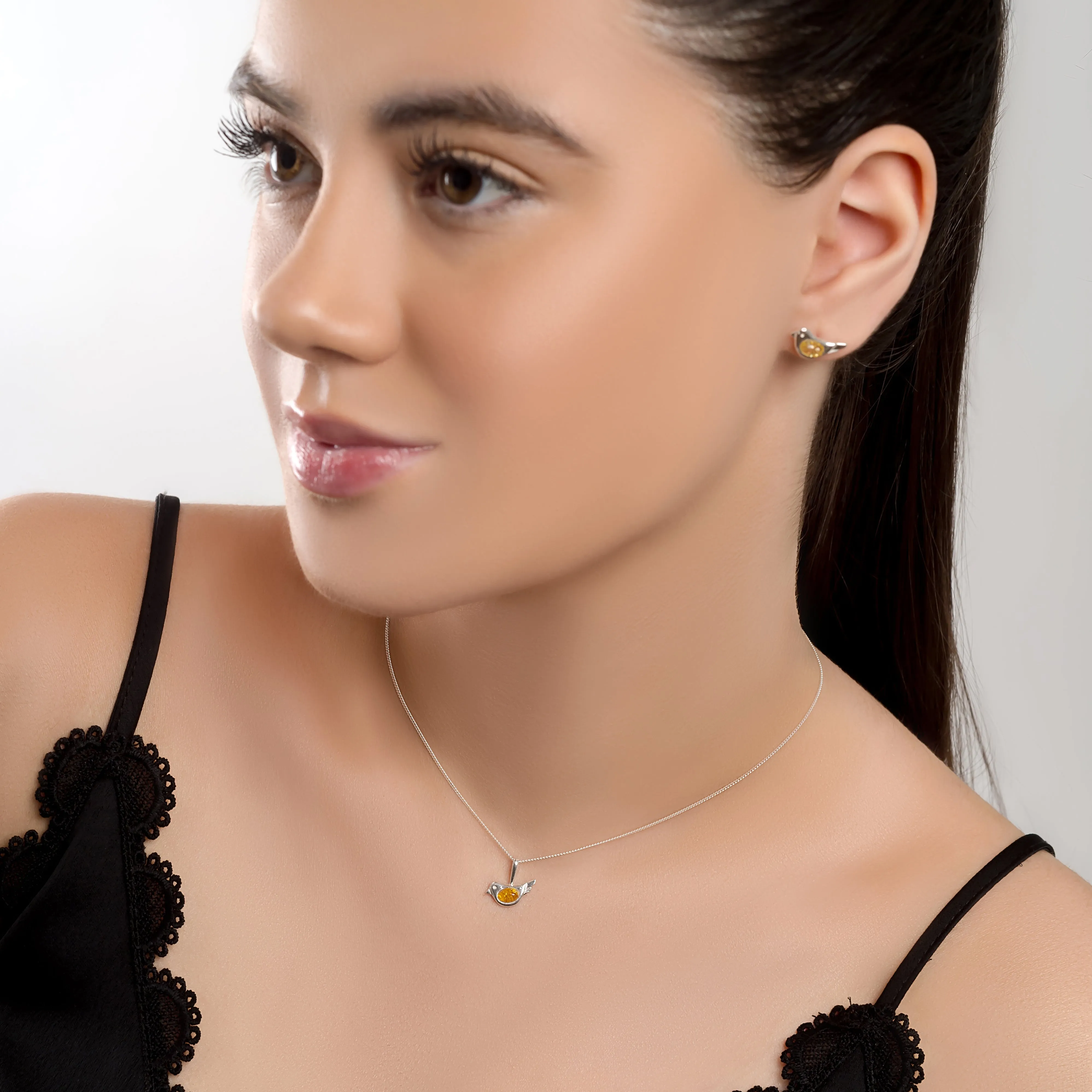 Cute Bird Necklace in Silver and Coral