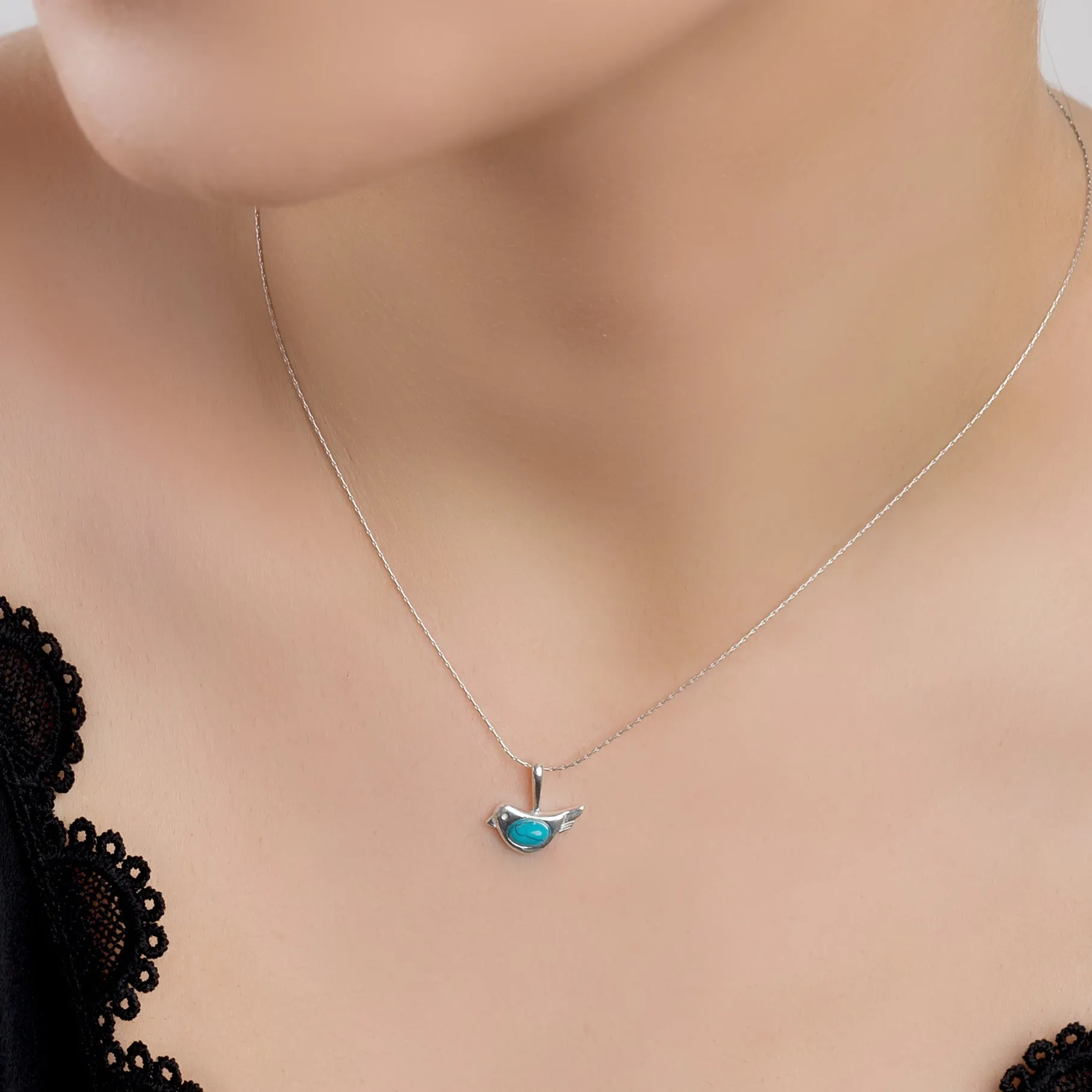 Cute Bird Necklace in Silver and Coral