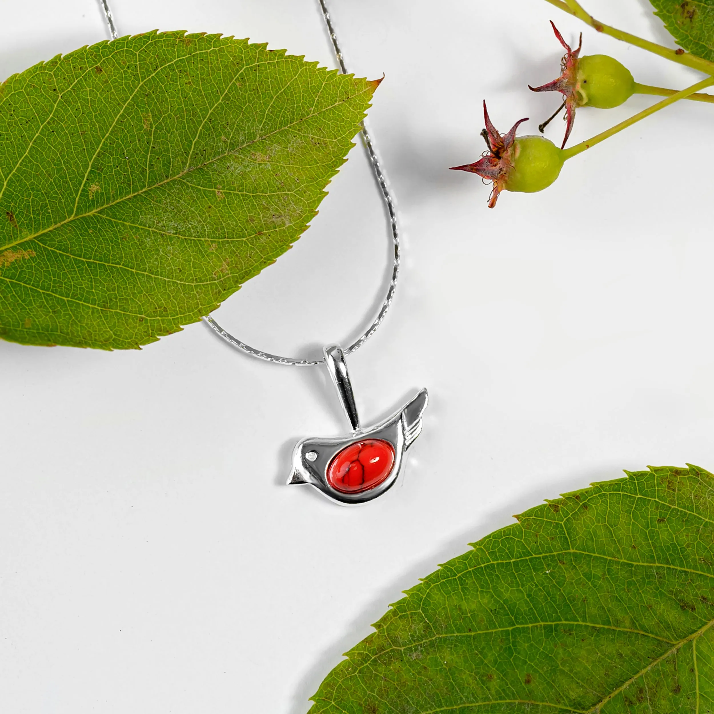 Cute Bird Necklace in Silver and Coral