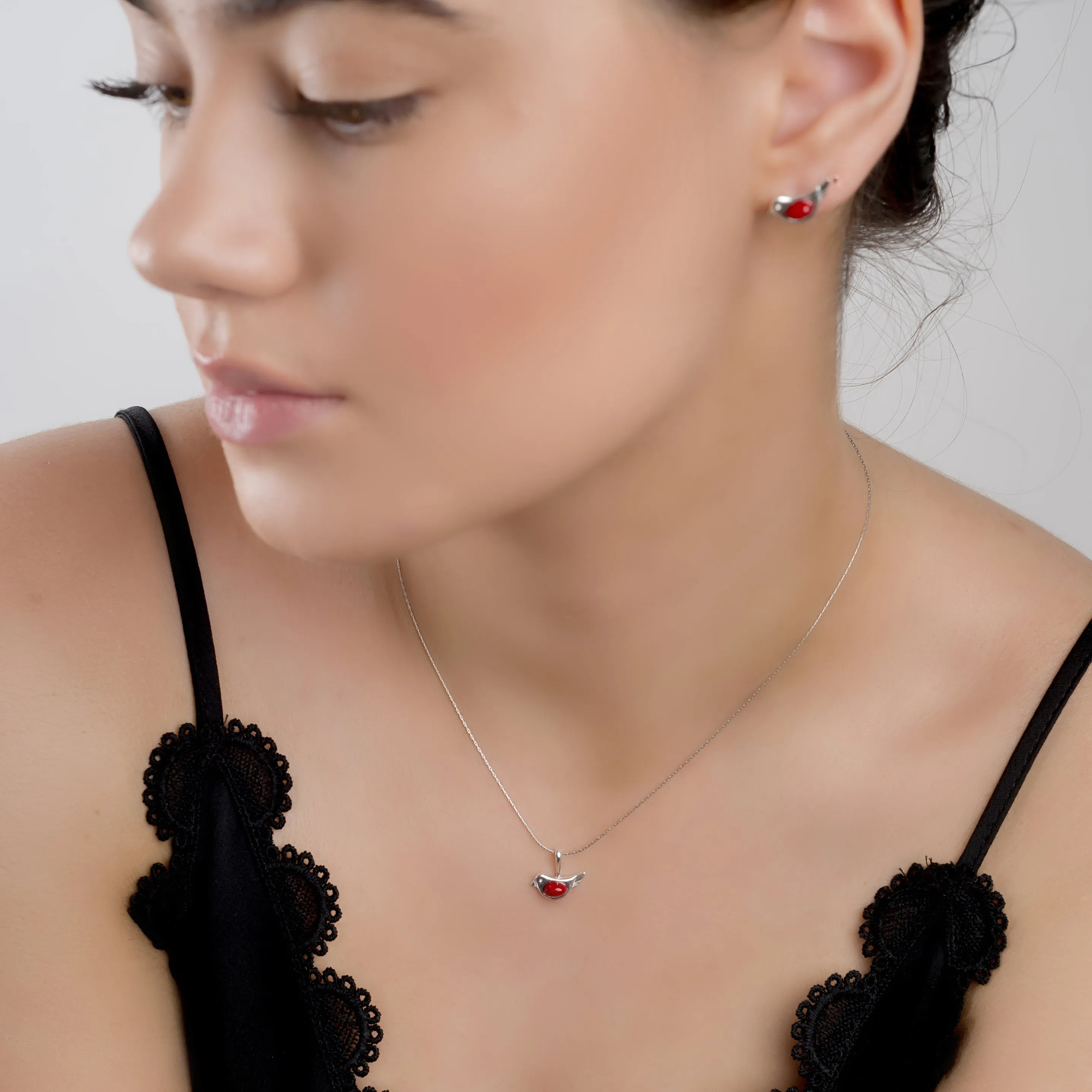 Cute Bird Necklace in Silver and Coral
