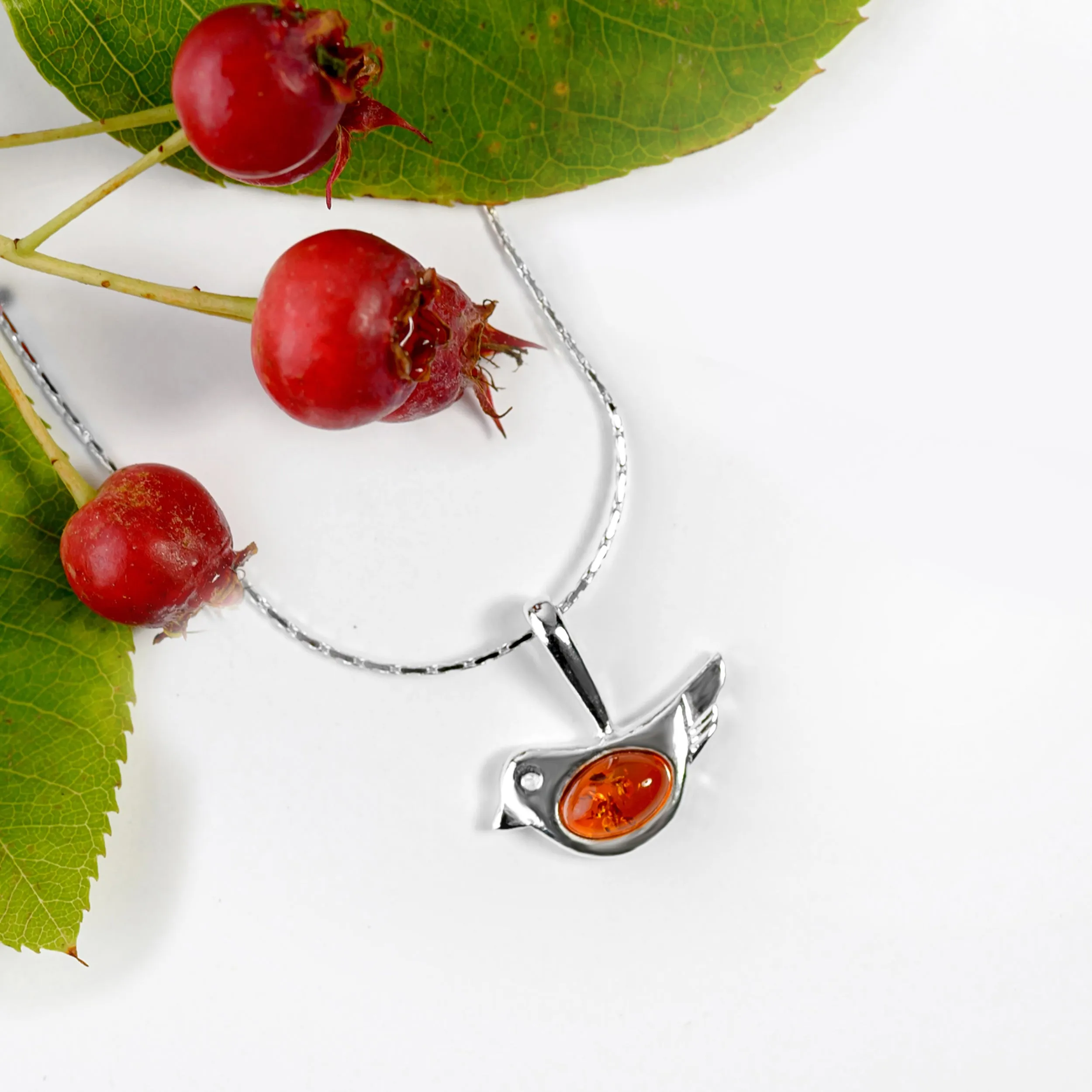 Cute Bird Necklace in Silver and Coral