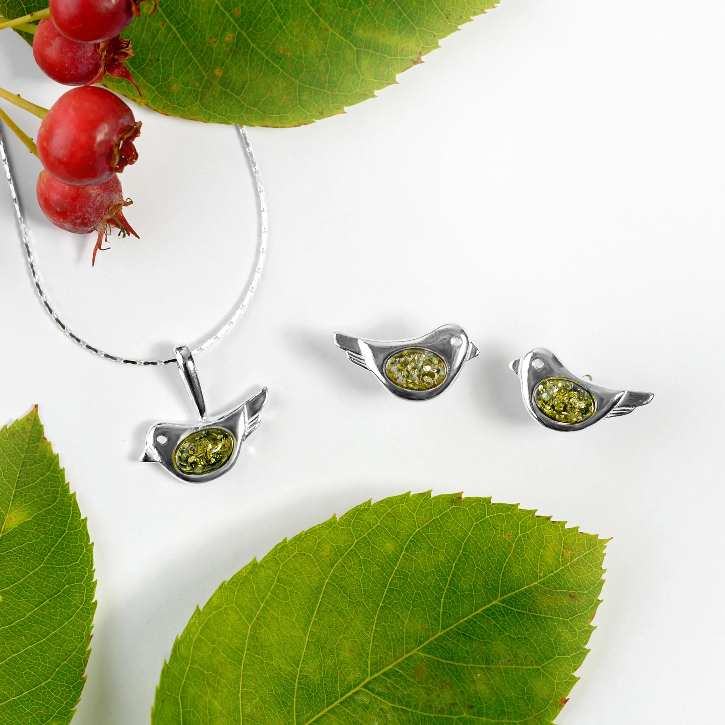Cute Bird Necklace in Silver and Coral