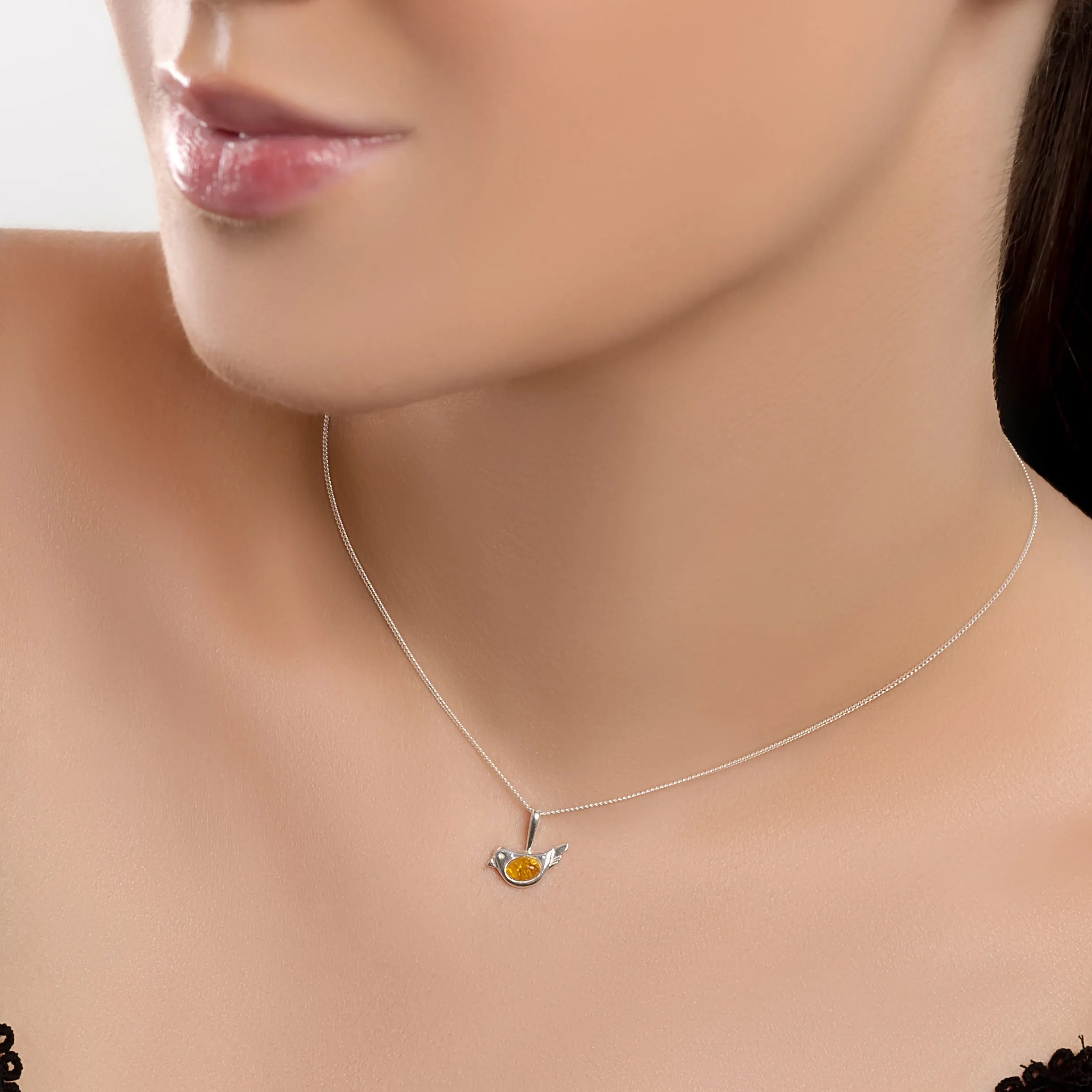 Cute Bird Necklace in Silver and Coral