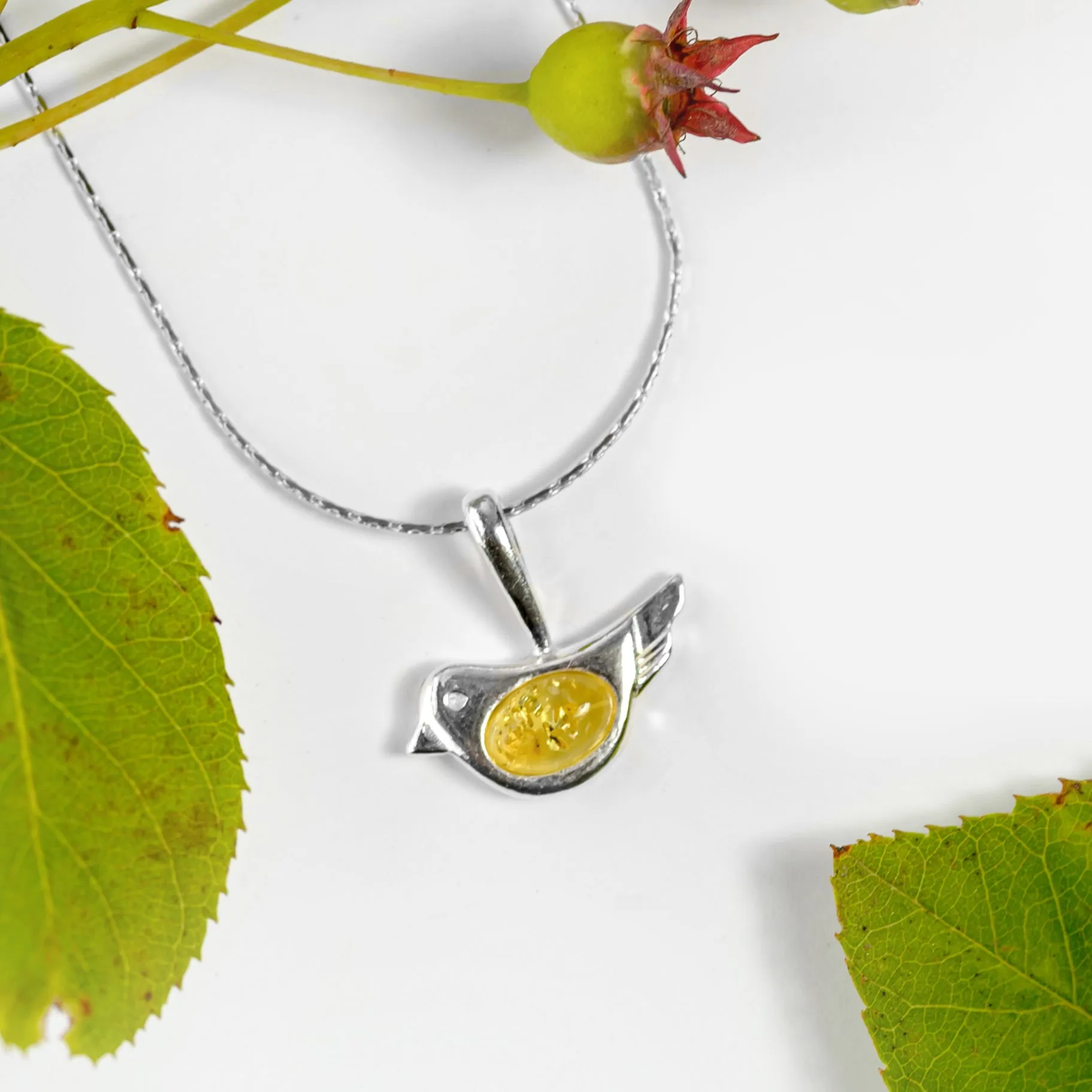 Cute Bird Necklace in Silver and Coral
