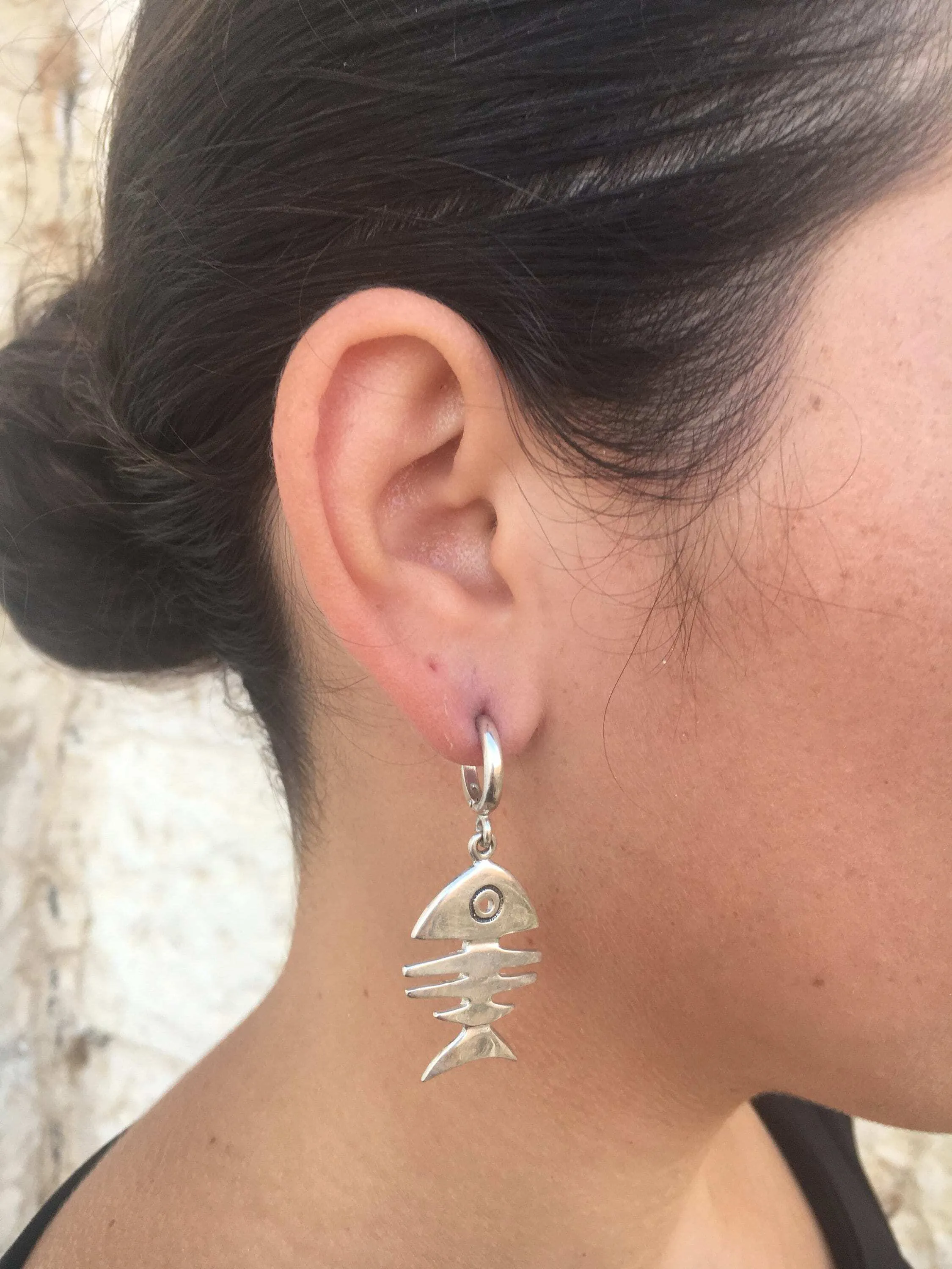 Dangling Fish Earrings - Silver Fishbone Earrings - Large Drop Earrings