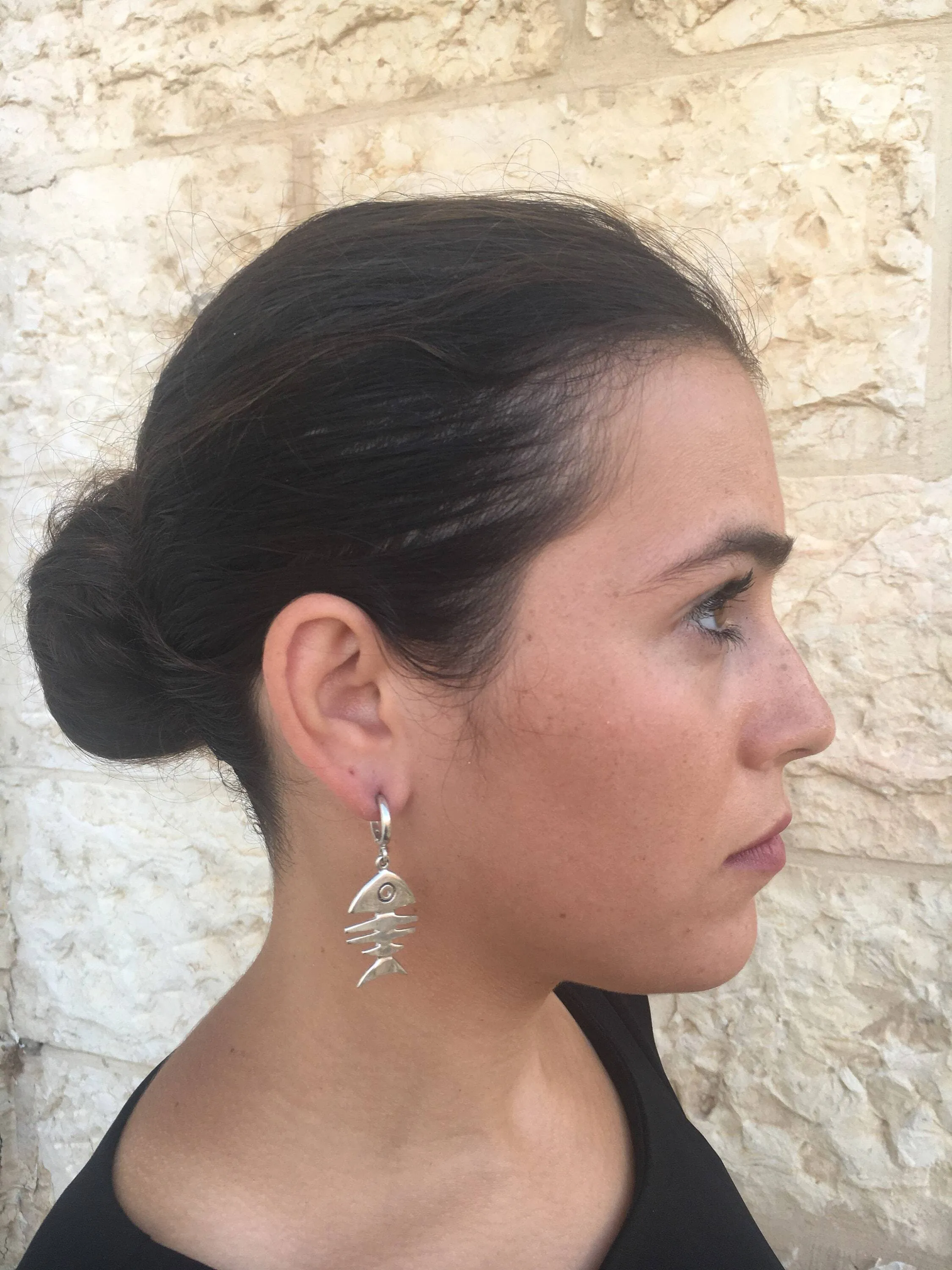 Dangling Fish Earrings - Silver Fishbone Earrings - Large Drop Earrings