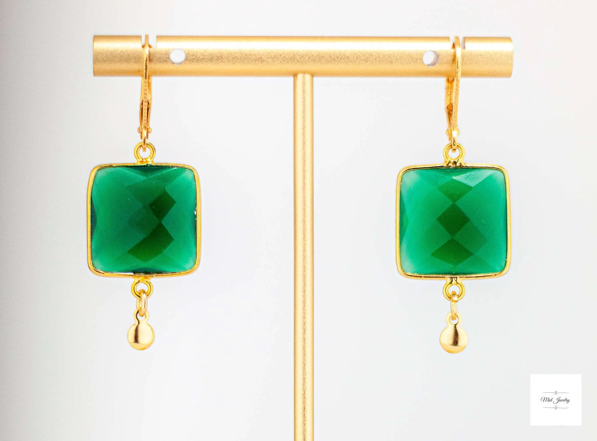 Emerald Green Chalcedony and Gold Drop Earrings: Unique Square Earrings