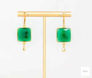 Emerald Green Chalcedony and Gold Drop Earrings: Unique Square Earrings