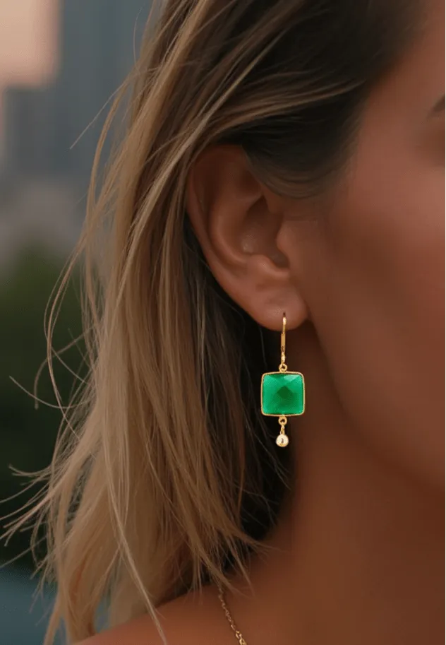 Emerald Green Chalcedony and Gold Drop Earrings: Unique Square Earrings