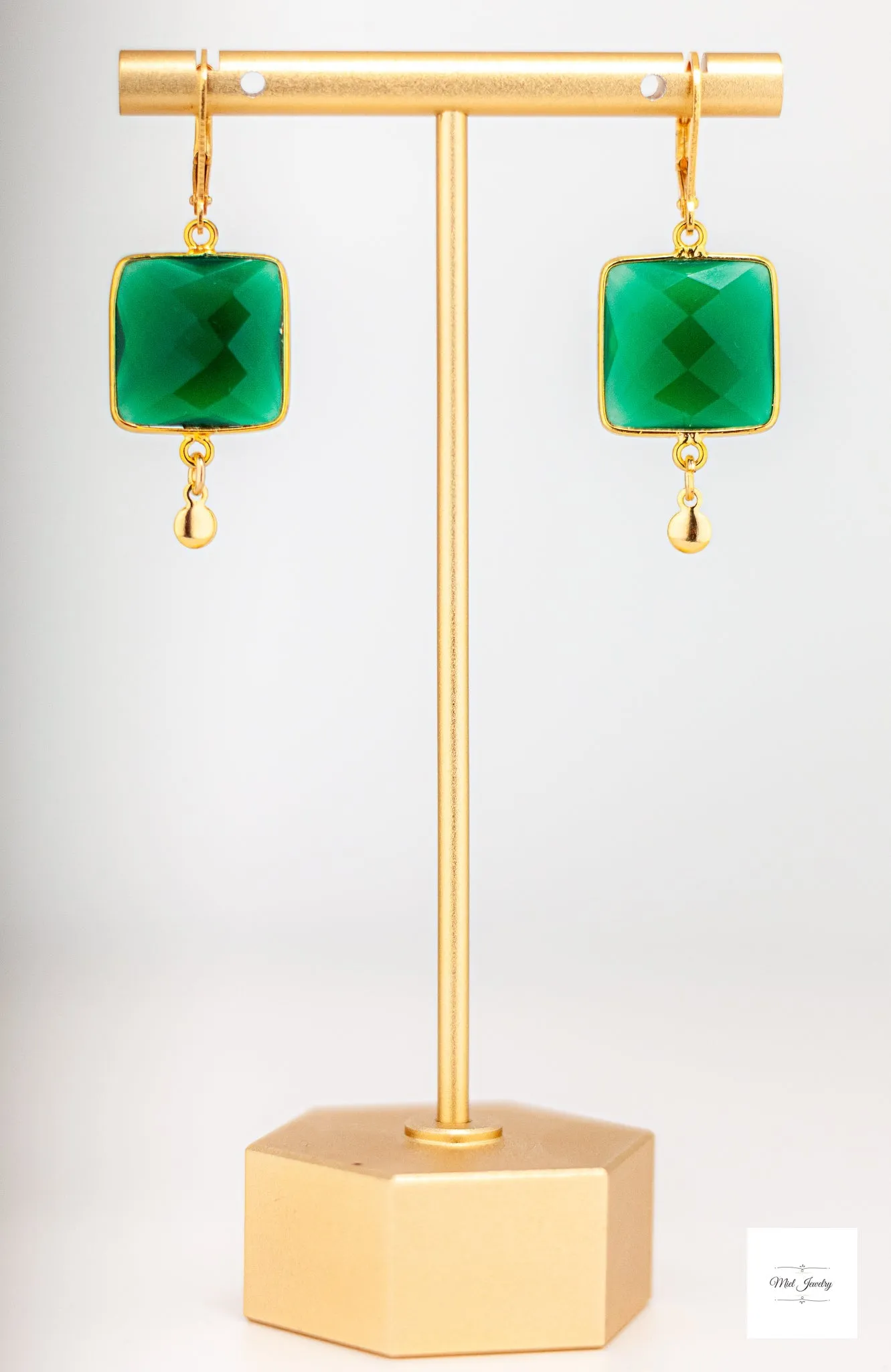 Emerald Green Chalcedony and Gold Drop Earrings: Unique Square Earrings