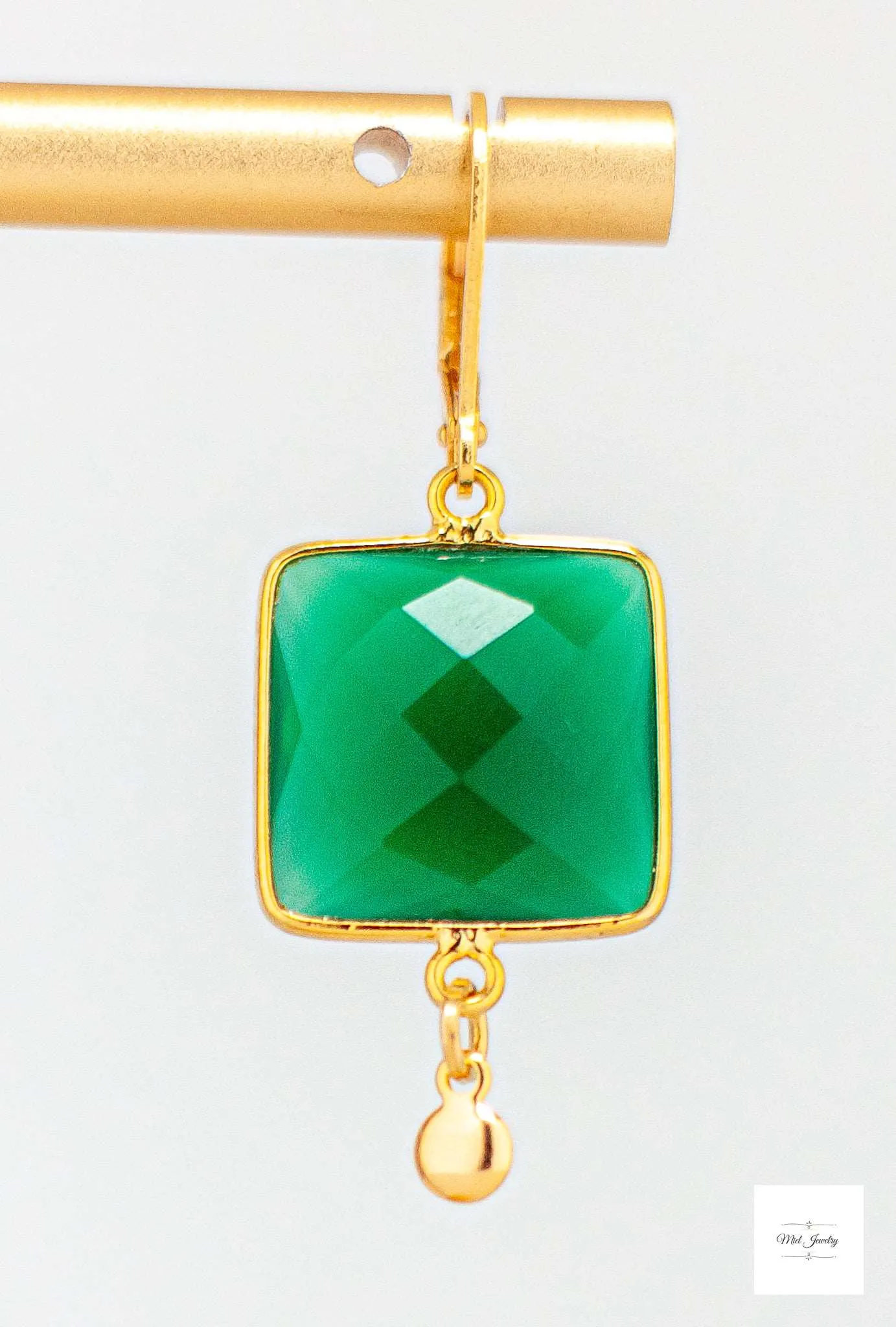 Emerald Green Chalcedony and Gold Drop Earrings: Unique Square Earrings