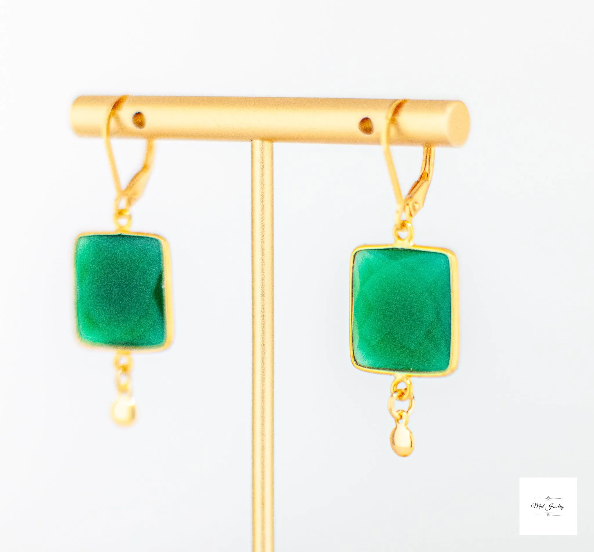 Emerald Green Chalcedony and Gold Drop Earrings: Unique Square Earrings