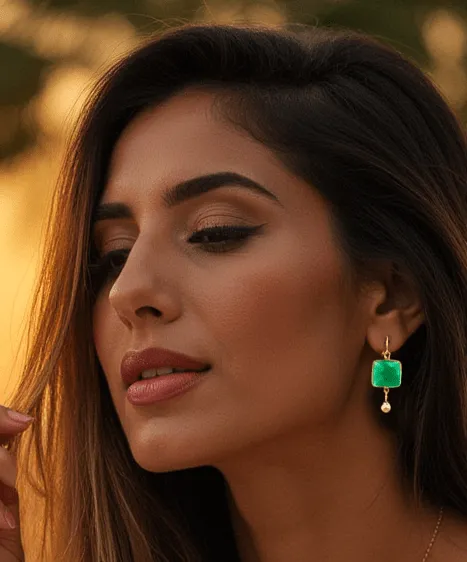 Emerald Green Chalcedony and Gold Drop Earrings: Unique Square Earrings