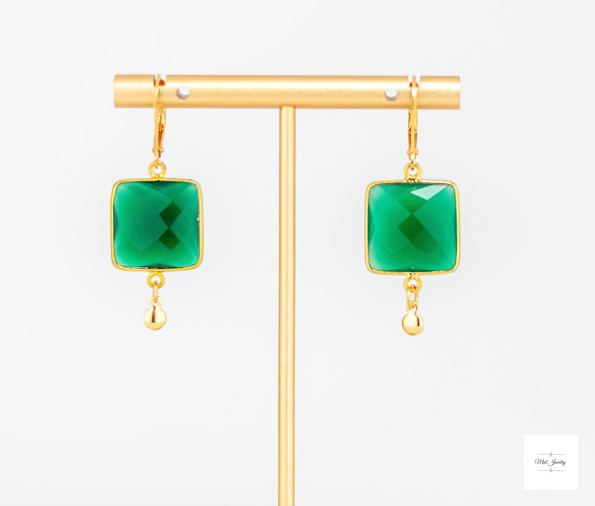 Emerald Green Chalcedony and Gold Drop Earrings: Unique Square Earrings