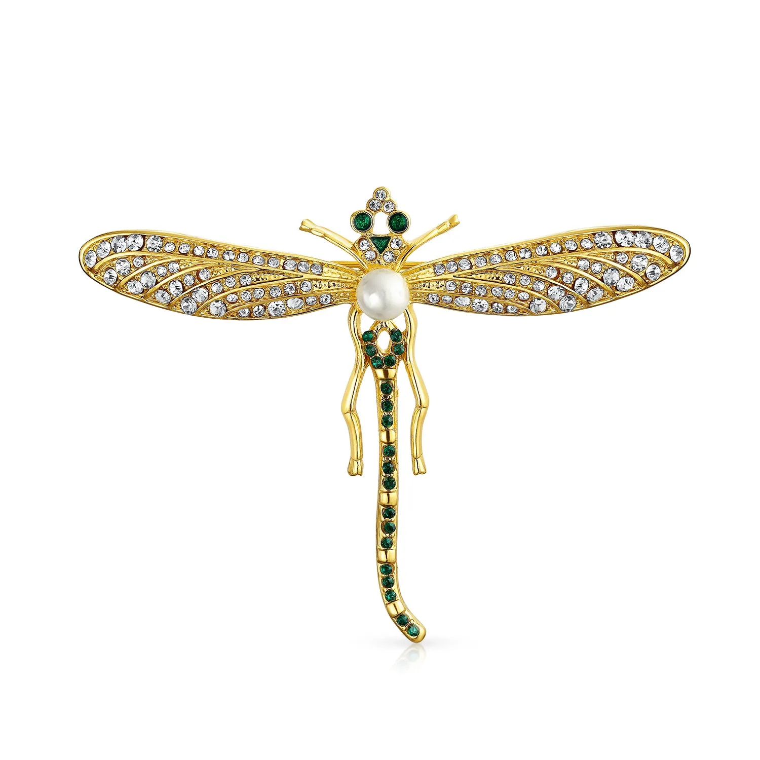 Estate Style Golden Simulated Emerald Dragonfly Brooche Pin 14K Gold Plated