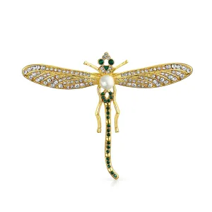 Estate Style Golden Simulated Emerald Dragonfly Brooche Pin 14K Gold Plated