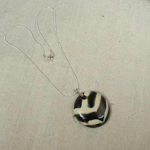 Fair Trade Black & Cream Handmade Kazuri Bead Pendant Necklace