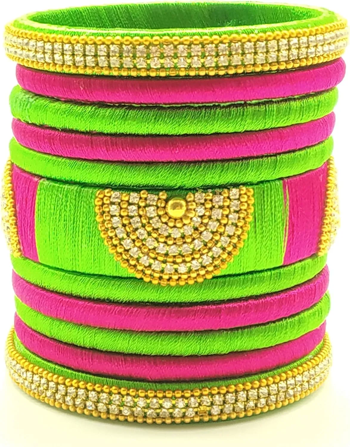 Festive Offer: Green and Rani Pink Silk Thread Handcrafted Bangles Set for Women