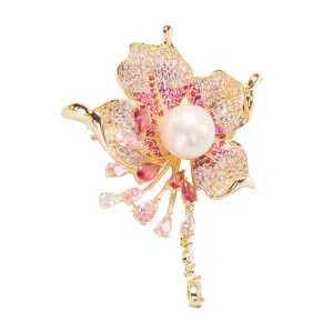 Flower Fresh Water Pearl Brooch Pin Jewelry with CZ in Yellow Gold Over Brass
