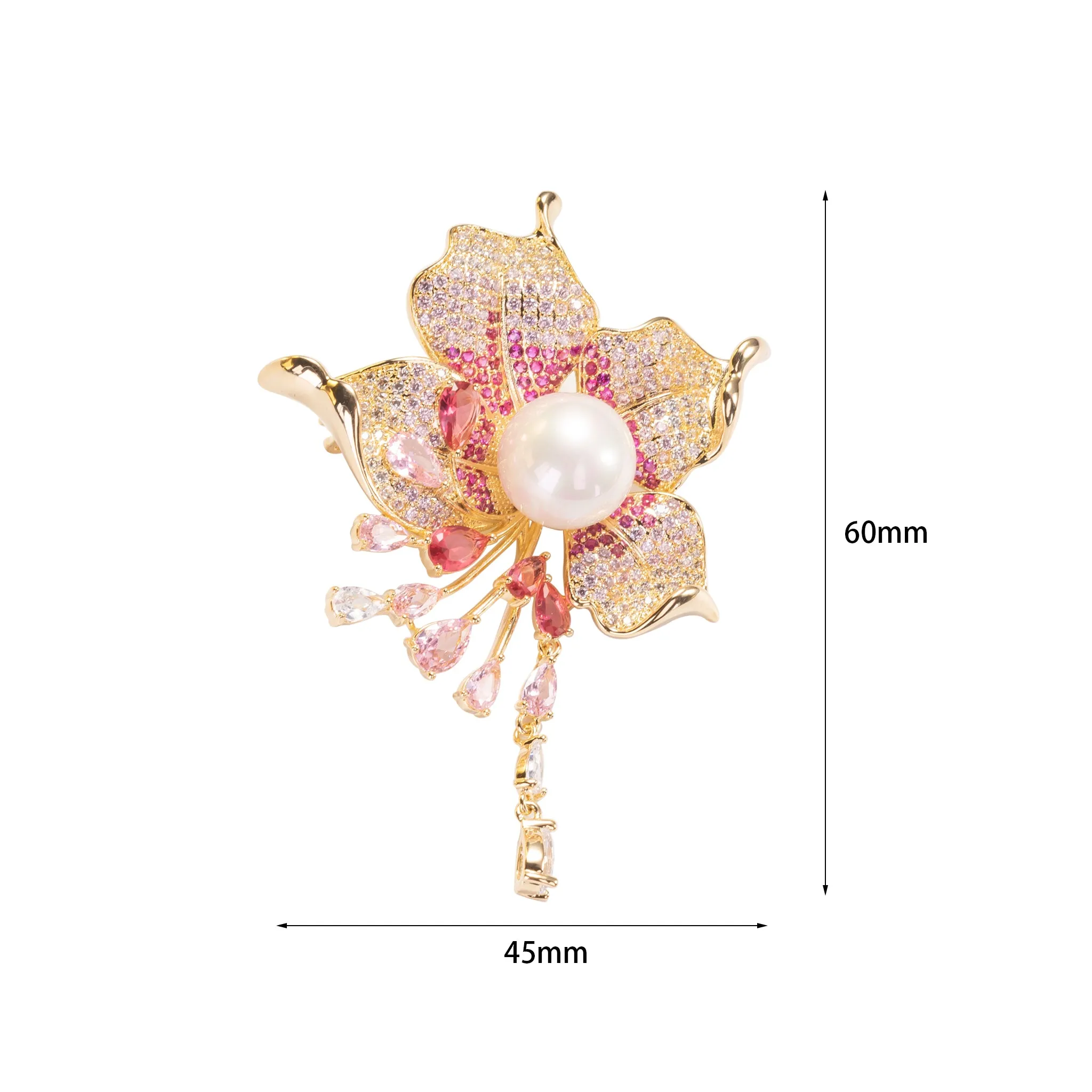 Flower Fresh Water Pearl Brooch Pin Jewelry with CZ in Yellow Gold Over Brass