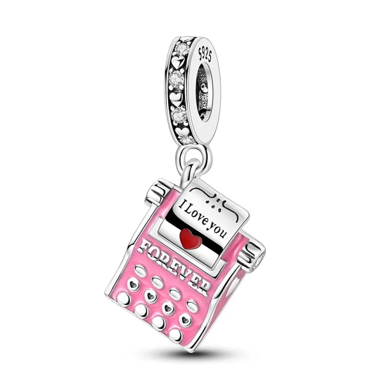 Forever Love Pink Typewriter Dangle Charm