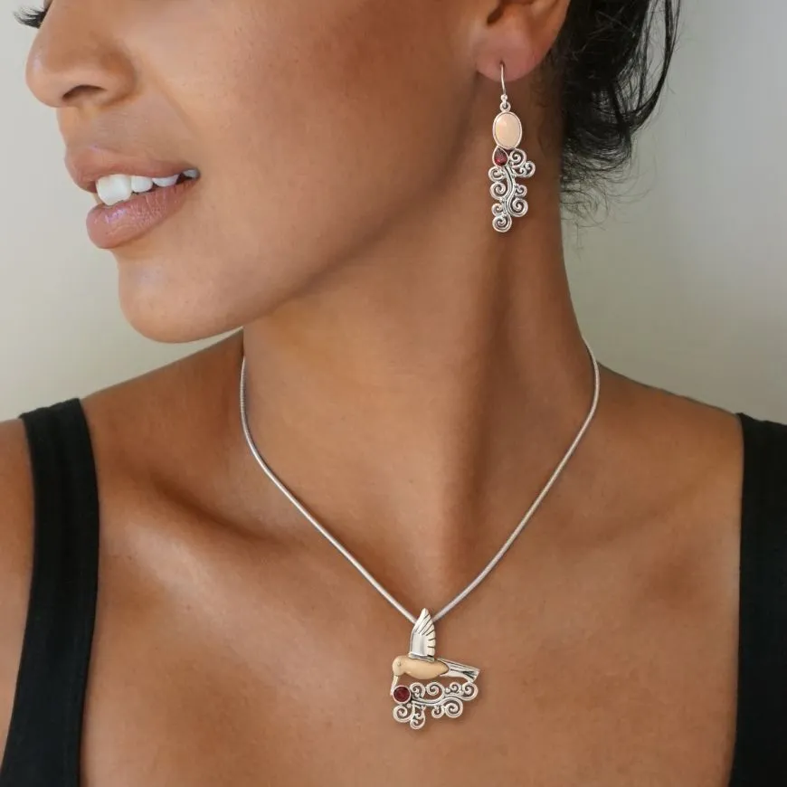 FOSSILIZED WALRUS TUSK, SILVER, GARNET HUMMINGBIRD PENDANT - HEART SONG HUMMINGBIRD