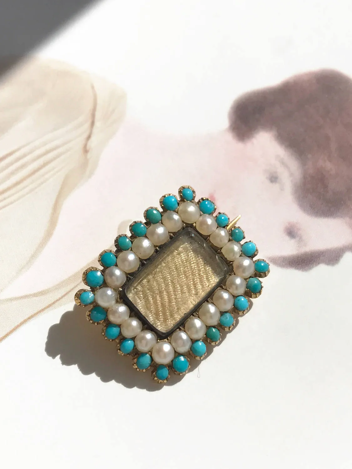 Georgian Turquoise and Pearl Blond Hair Mourning Brooch Pendant
