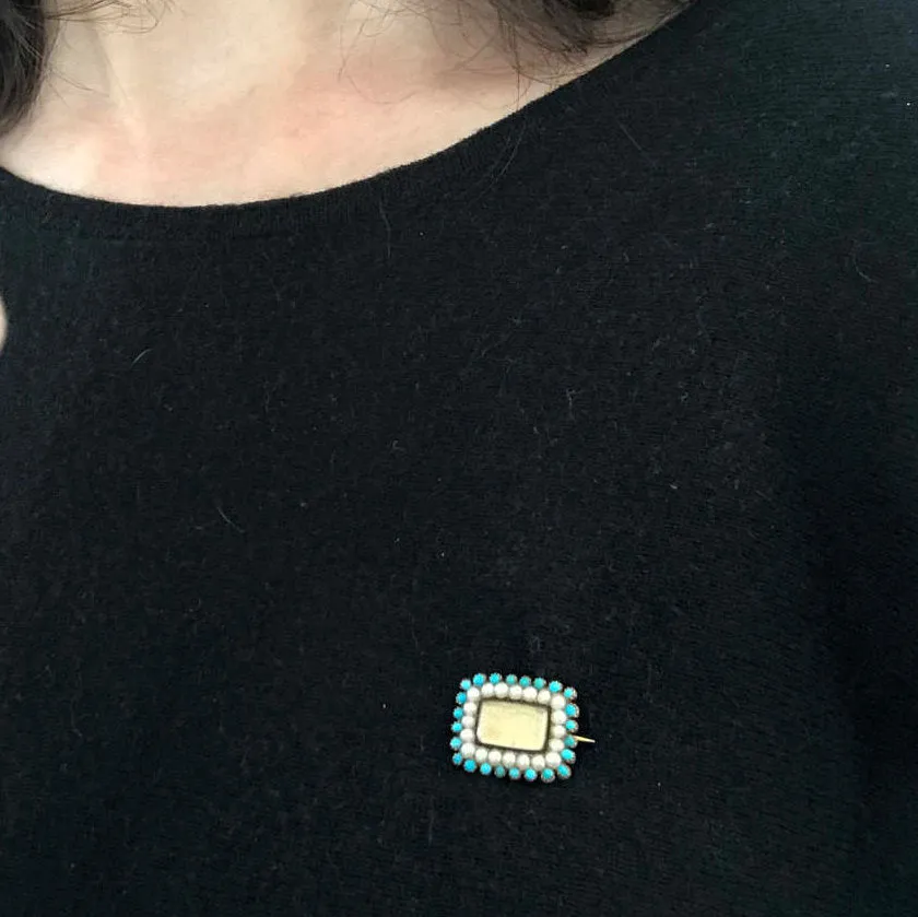 Georgian Turquoise and Pearl Blond Hair Mourning Brooch Pendant