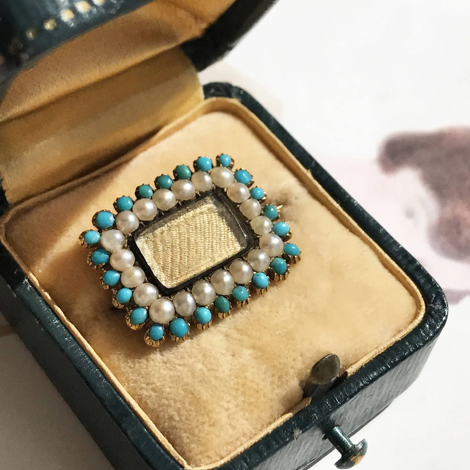 Georgian Turquoise and Pearl Blond Hair Mourning Brooch Pendant