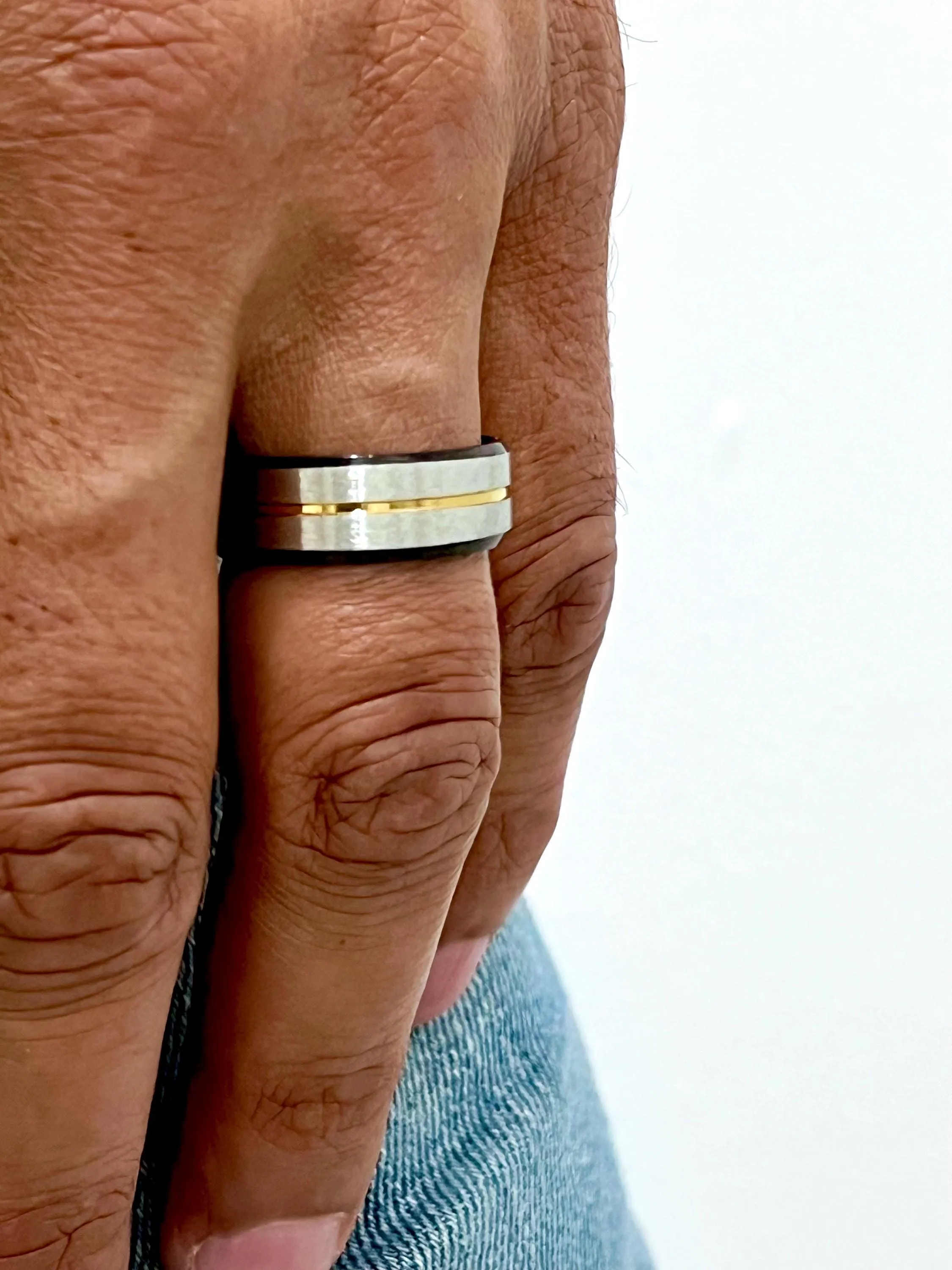 Gold Stripe, Silver, Black Stainless Ring, 8mm Band,