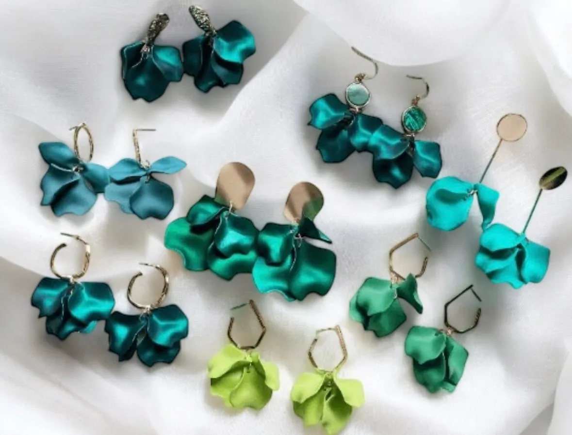 Green - turquoise flower earrings | dangle petals baroque earrings | unique gold geometric floral earrings | bridal party wedding earrings