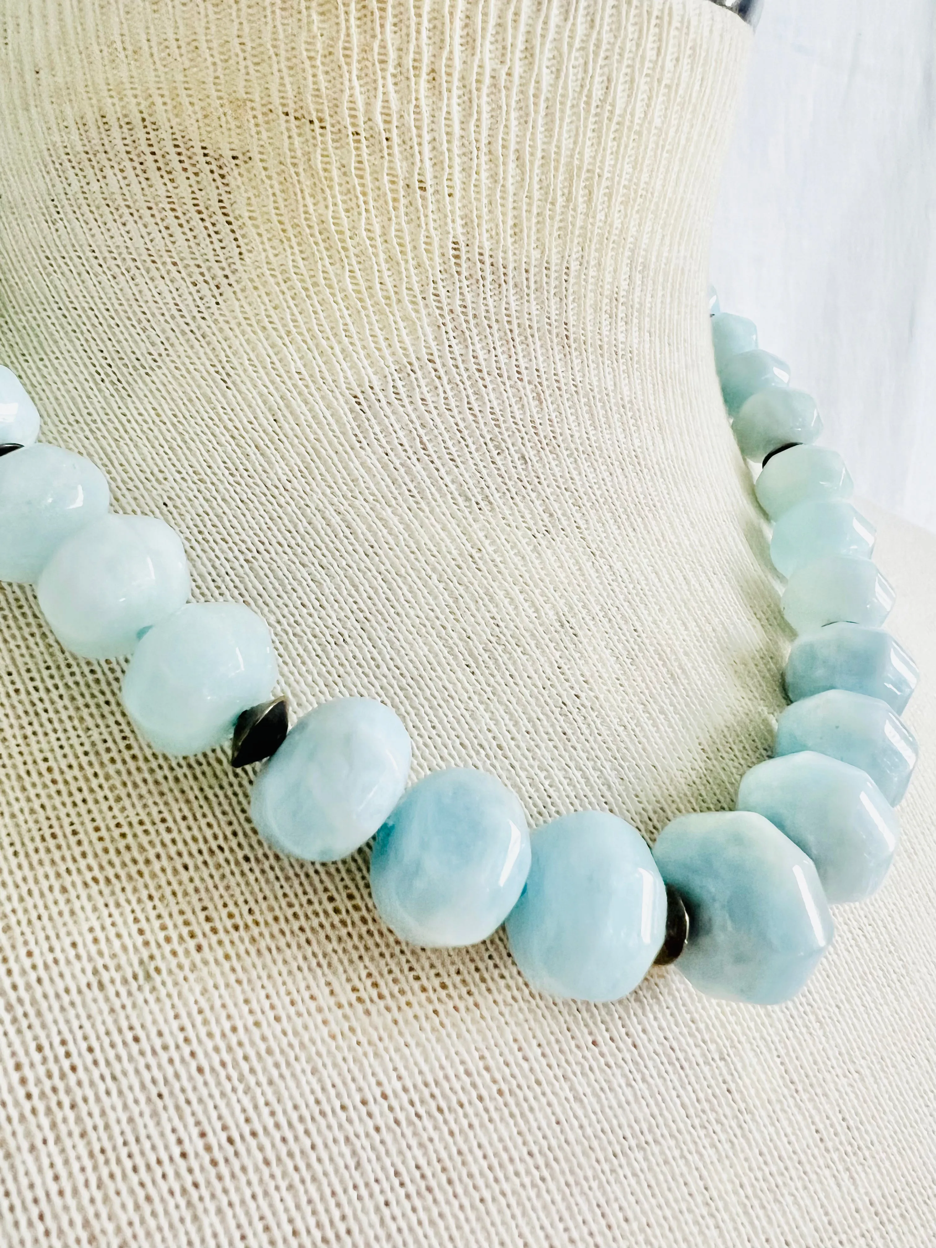 Hand Knotted Faceted Large Aquamarine Stone Necklace with Sterling Clasp
