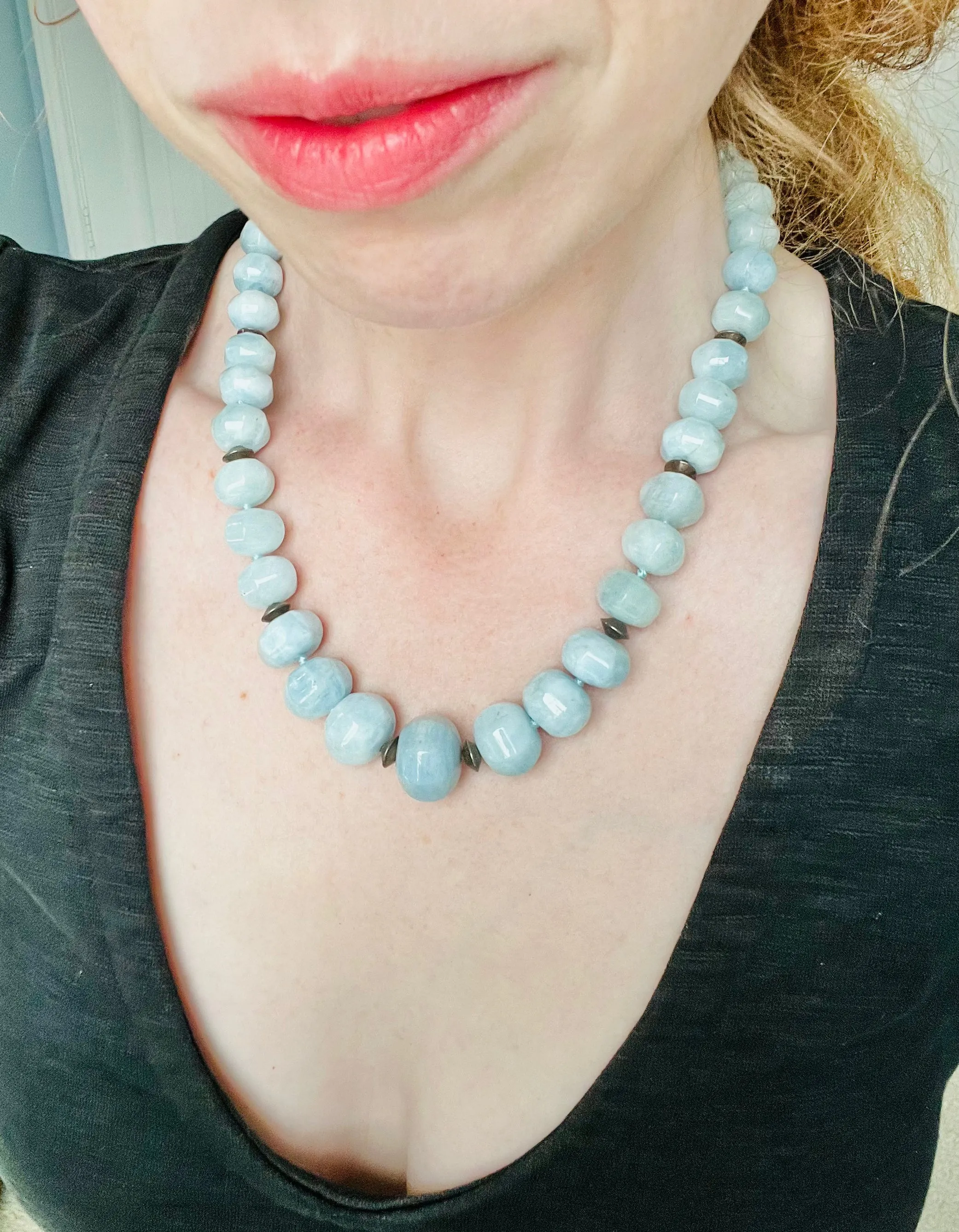 Hand Knotted Faceted Large Aquamarine Stone Necklace with Sterling Clasp