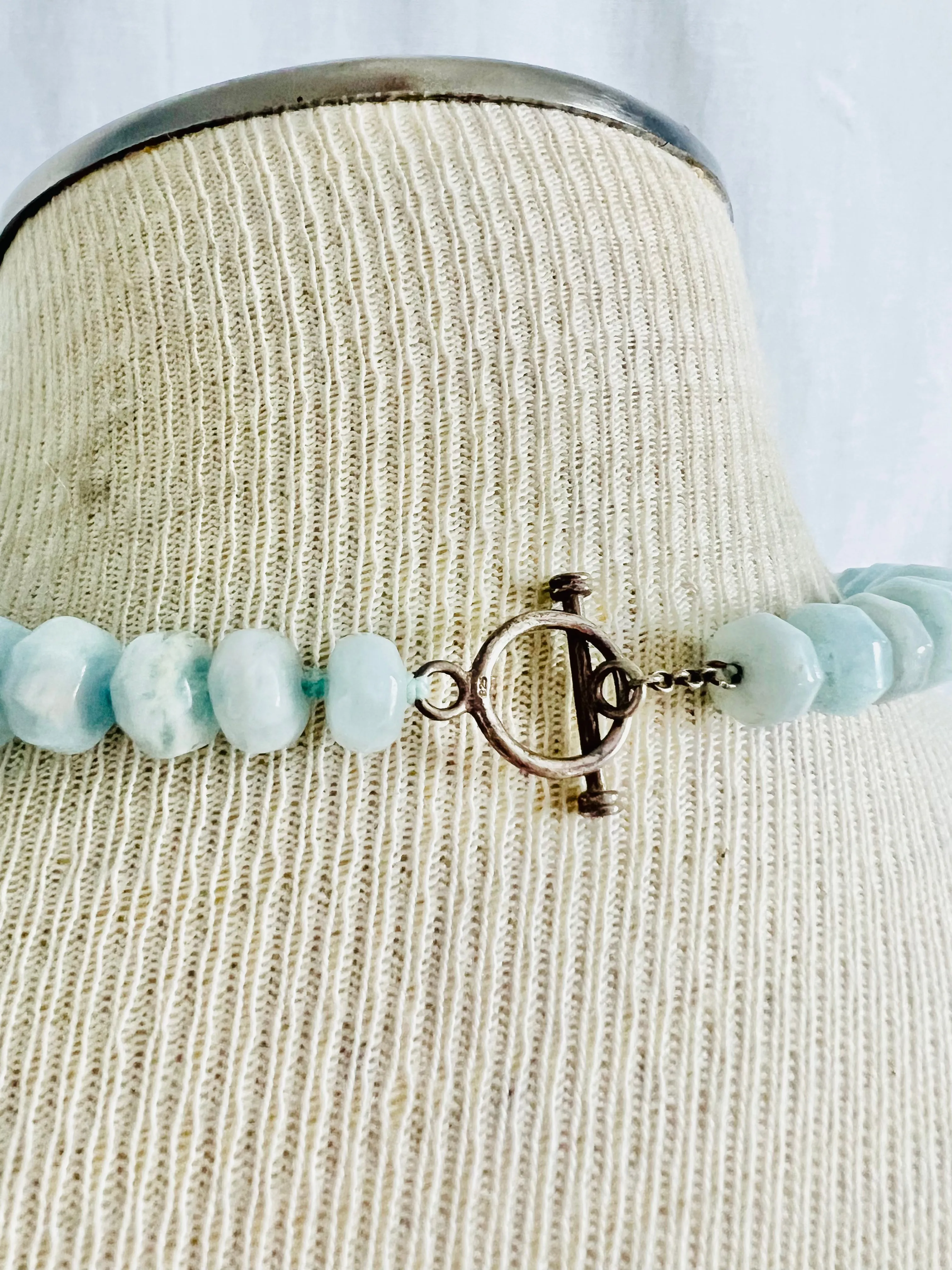 Hand Knotted Faceted Large Aquamarine Stone Necklace with Sterling Clasp