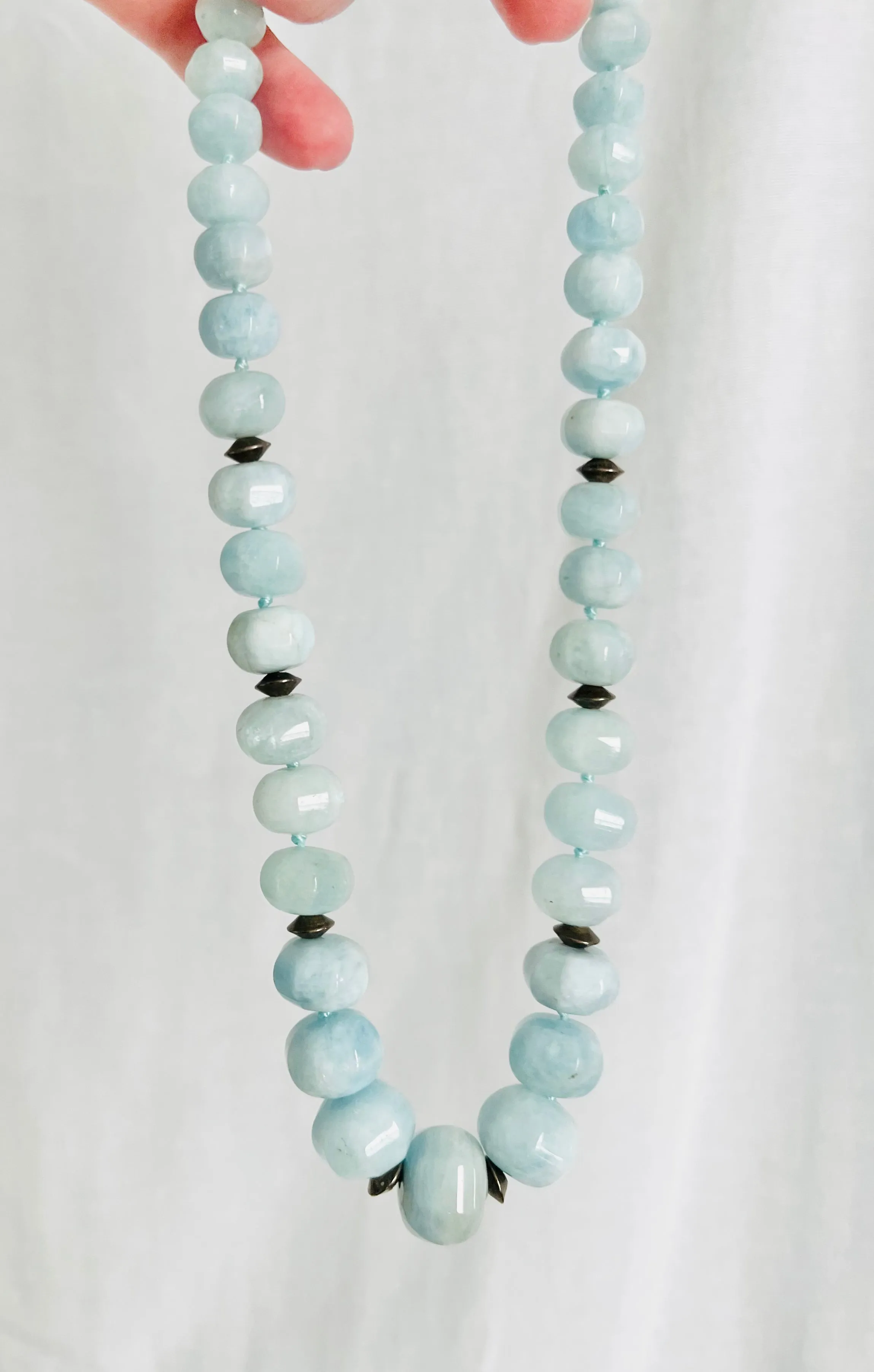 Hand Knotted Faceted Large Aquamarine Stone Necklace with Sterling Clasp