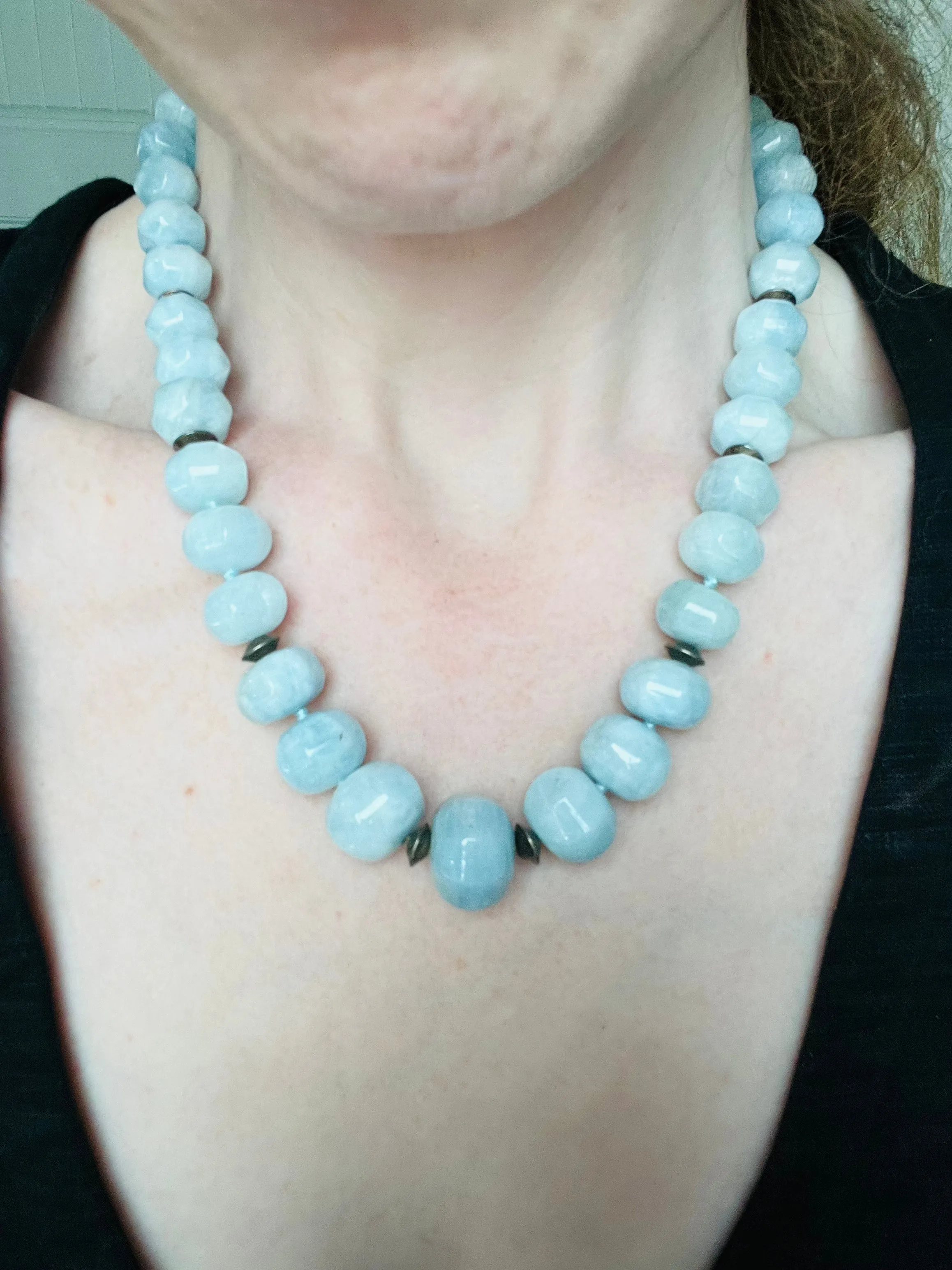 Hand Knotted Faceted Large Aquamarine Stone Necklace with Sterling Clasp