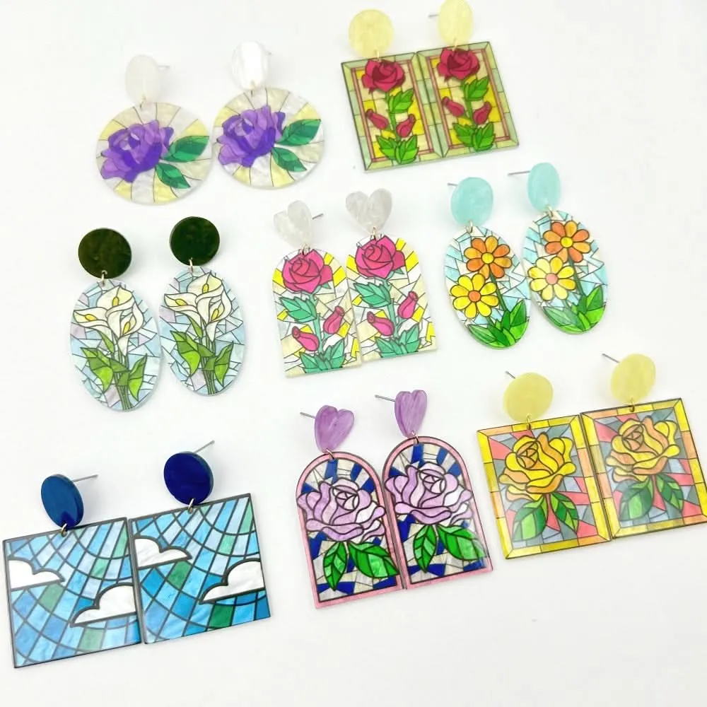 Hand-Painted Floral Acrylic Earrings – Unique Design