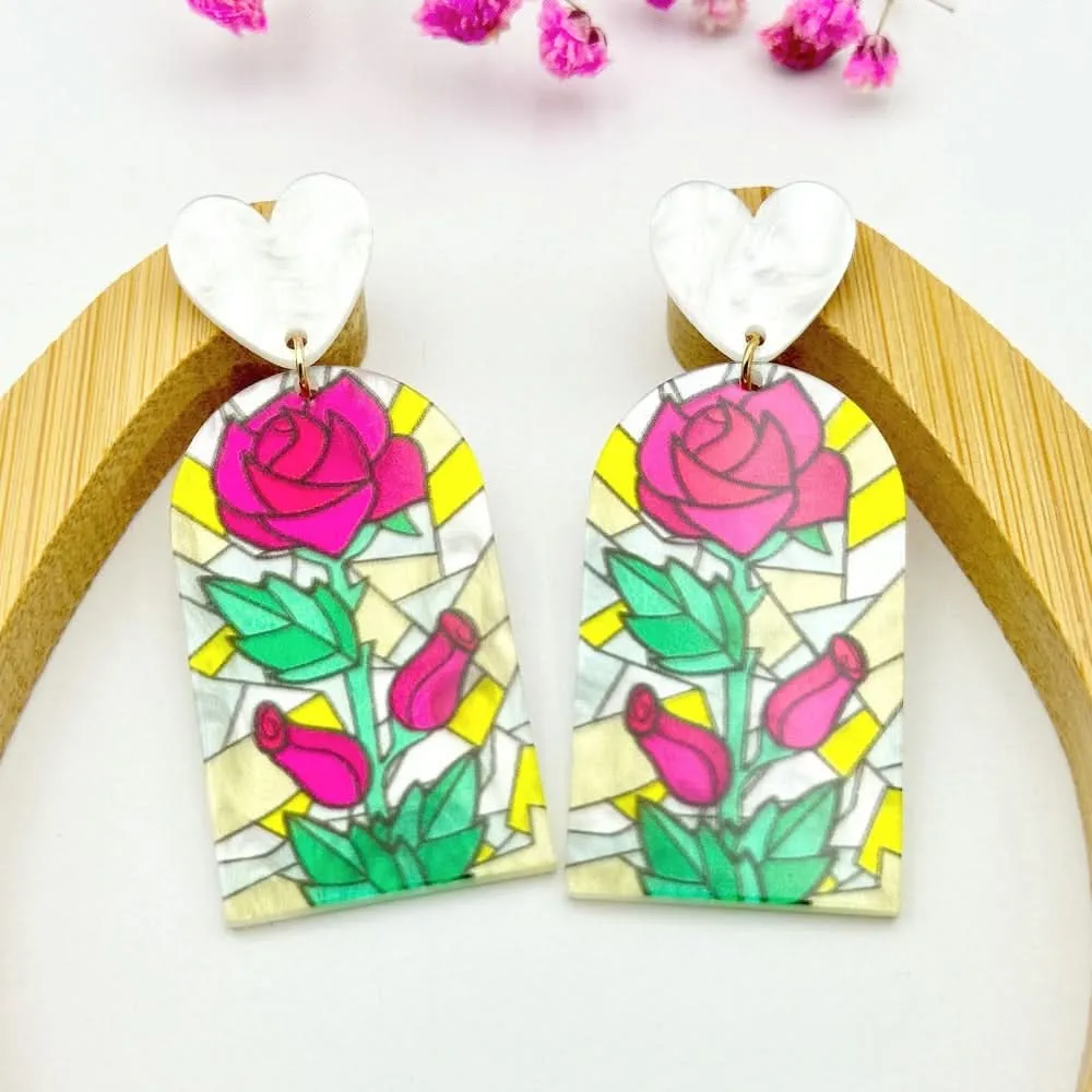 Hand-Painted Floral Acrylic Earrings – Unique Design