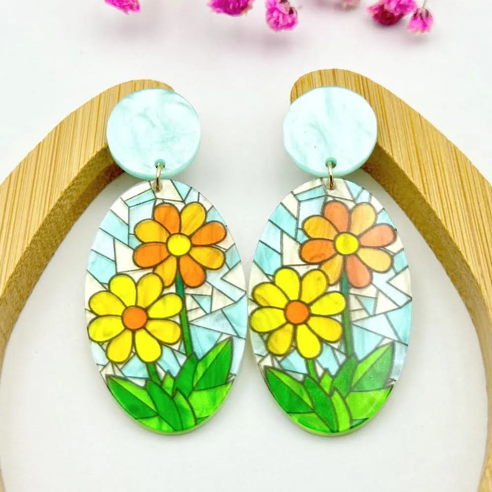 Hand-Painted Floral Acrylic Earrings – Unique Design