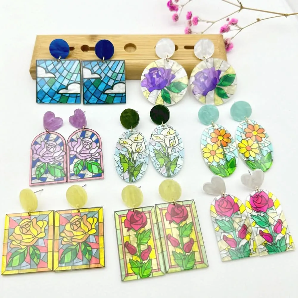 Hand-Painted Floral Acrylic Earrings – Unique Design