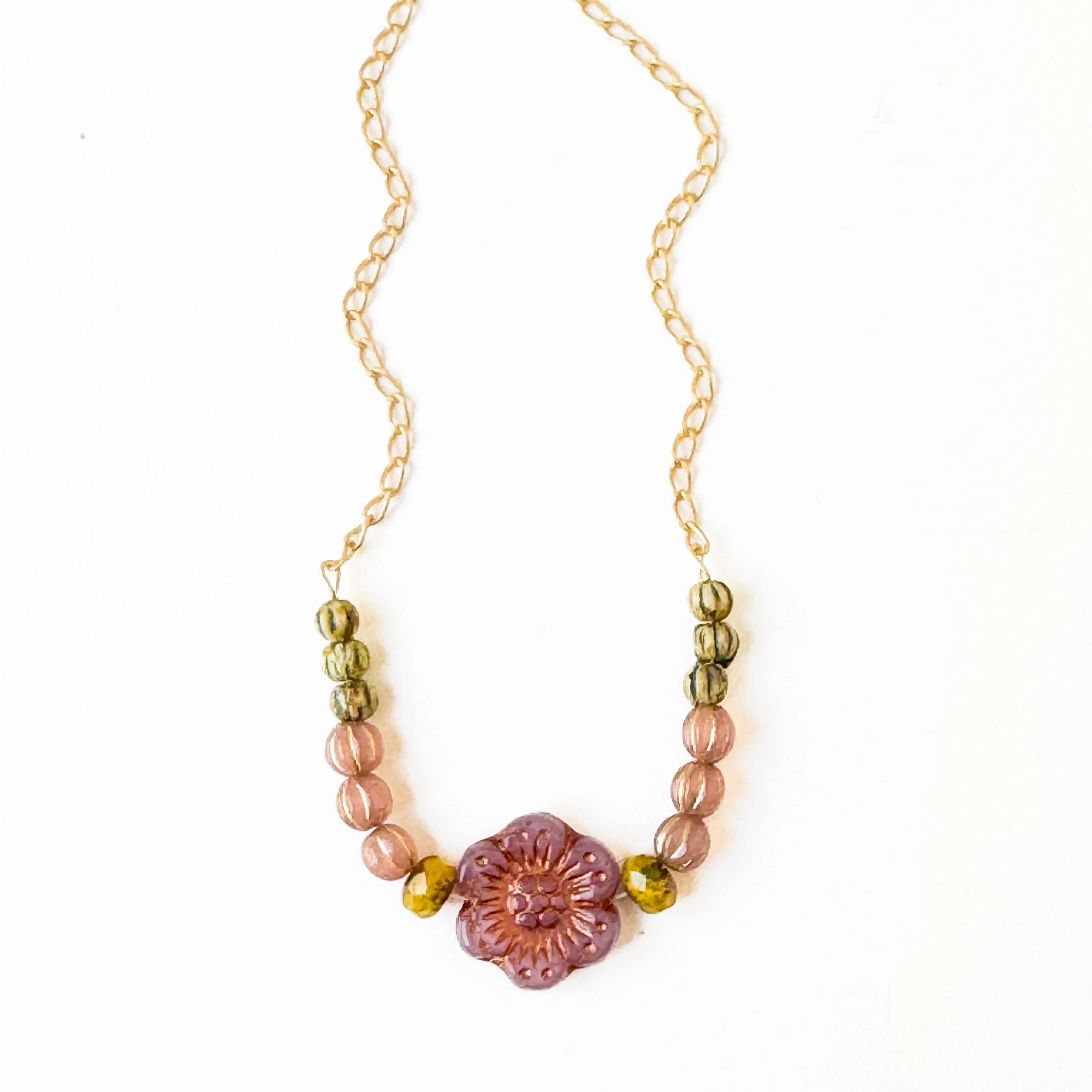 Handmade Glass Flower Necklace For Winter Satin Gold Chain
