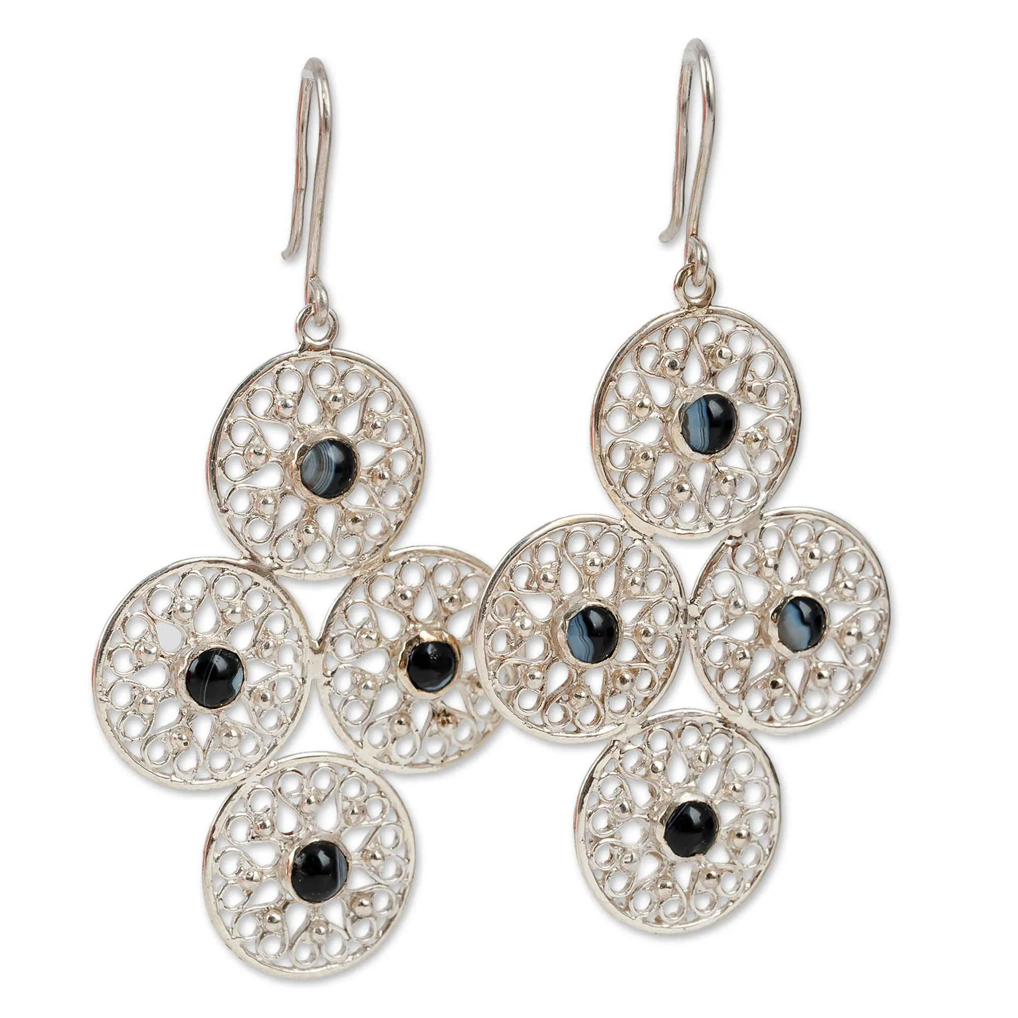 Heart-Themed Black Agate Sterling Silver Dangle Earrings - Silk Road's Romance | NOVICA