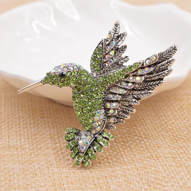 Hummingbird in Flight Rhinestone Brooches