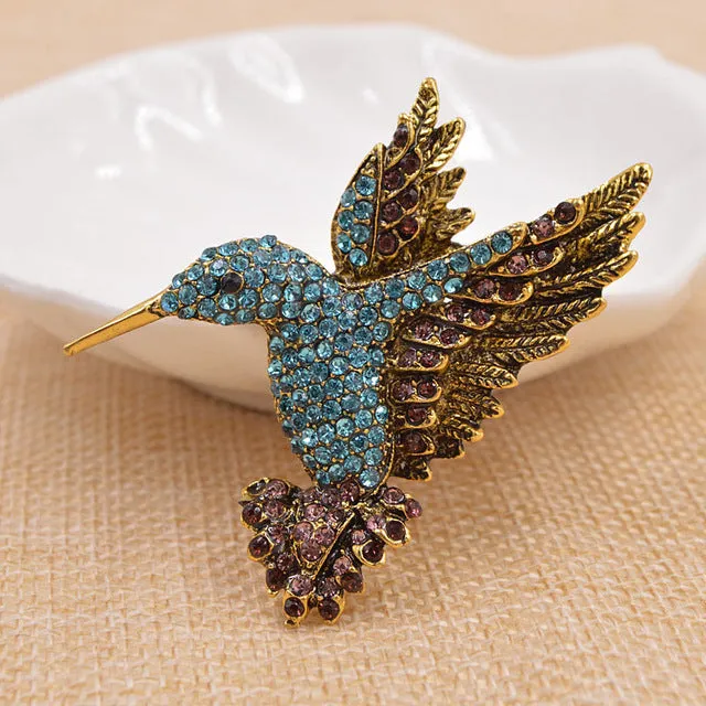 Hummingbird in Flight Rhinestone Brooches