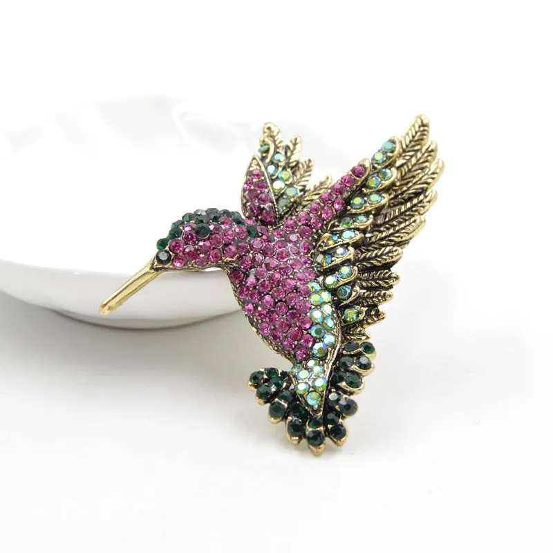 Hummingbird in Flight Rhinestone Brooches