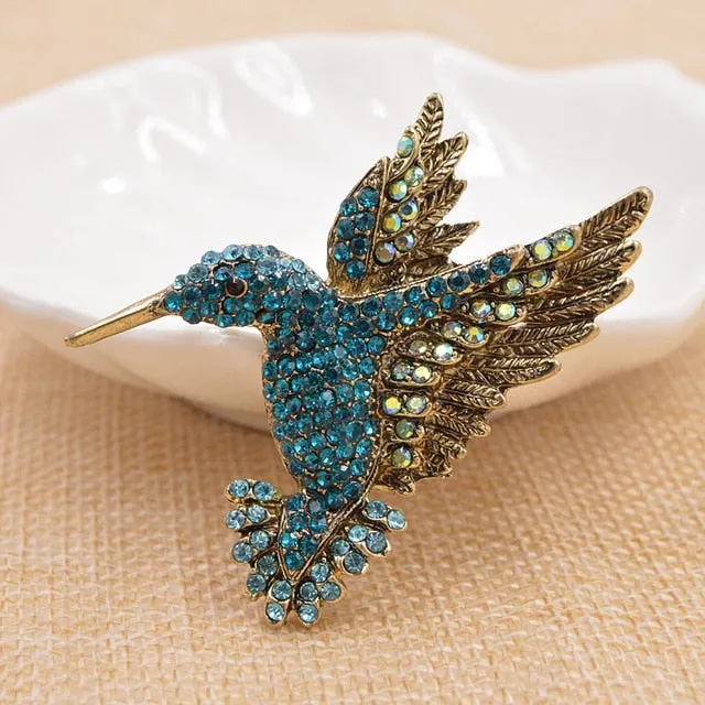 Hummingbird in Flight Rhinestone Brooches